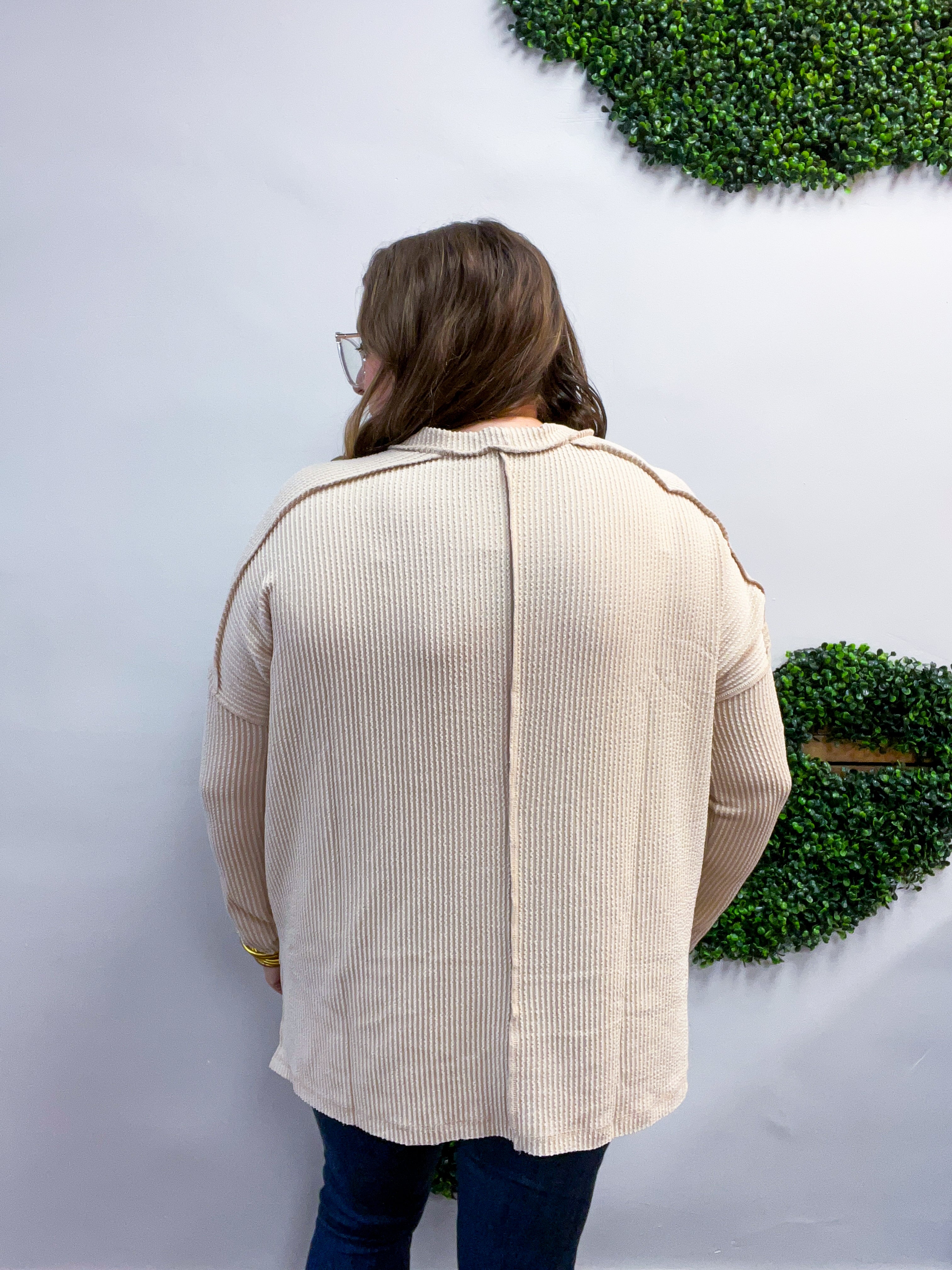 The Textured Take Raised Rib Long Sleeve Top in Sand Beige