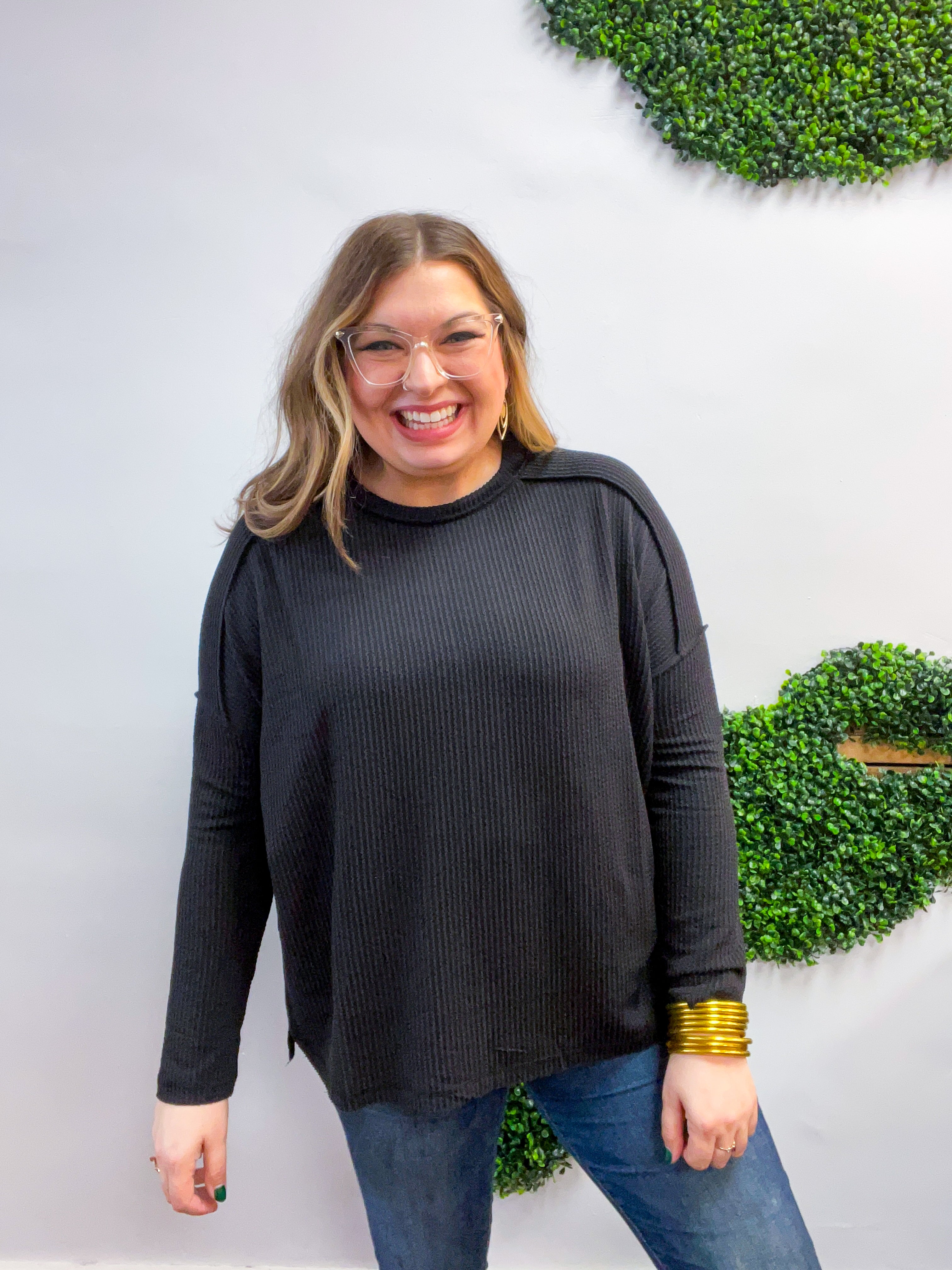 The Textured Take Raised Rib Long Sleeve Top in Black