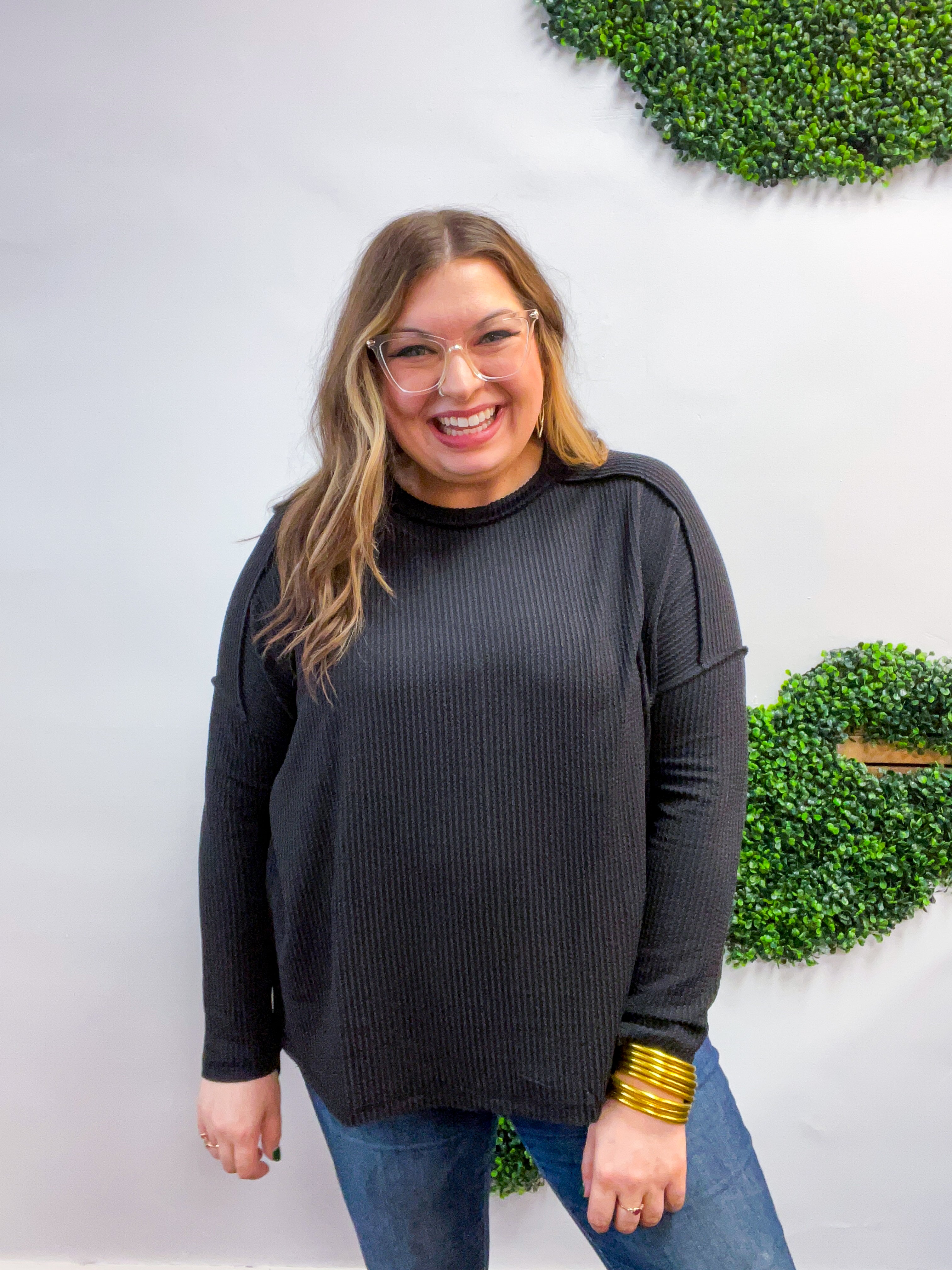 The Textured Take Raised Rib Long Sleeve Top in Black