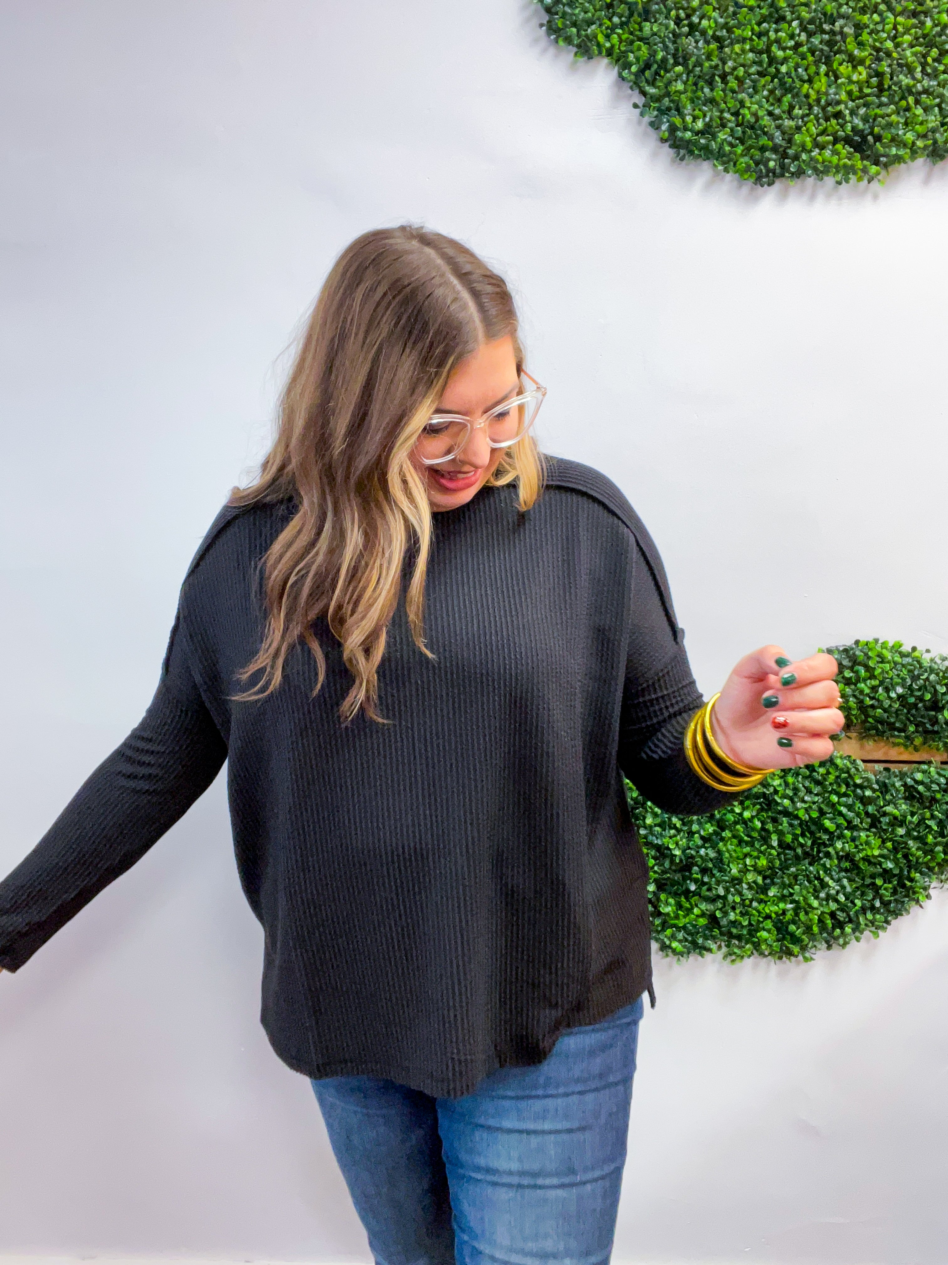 The Textured Take Raised Rib Long Sleeve Top in Black