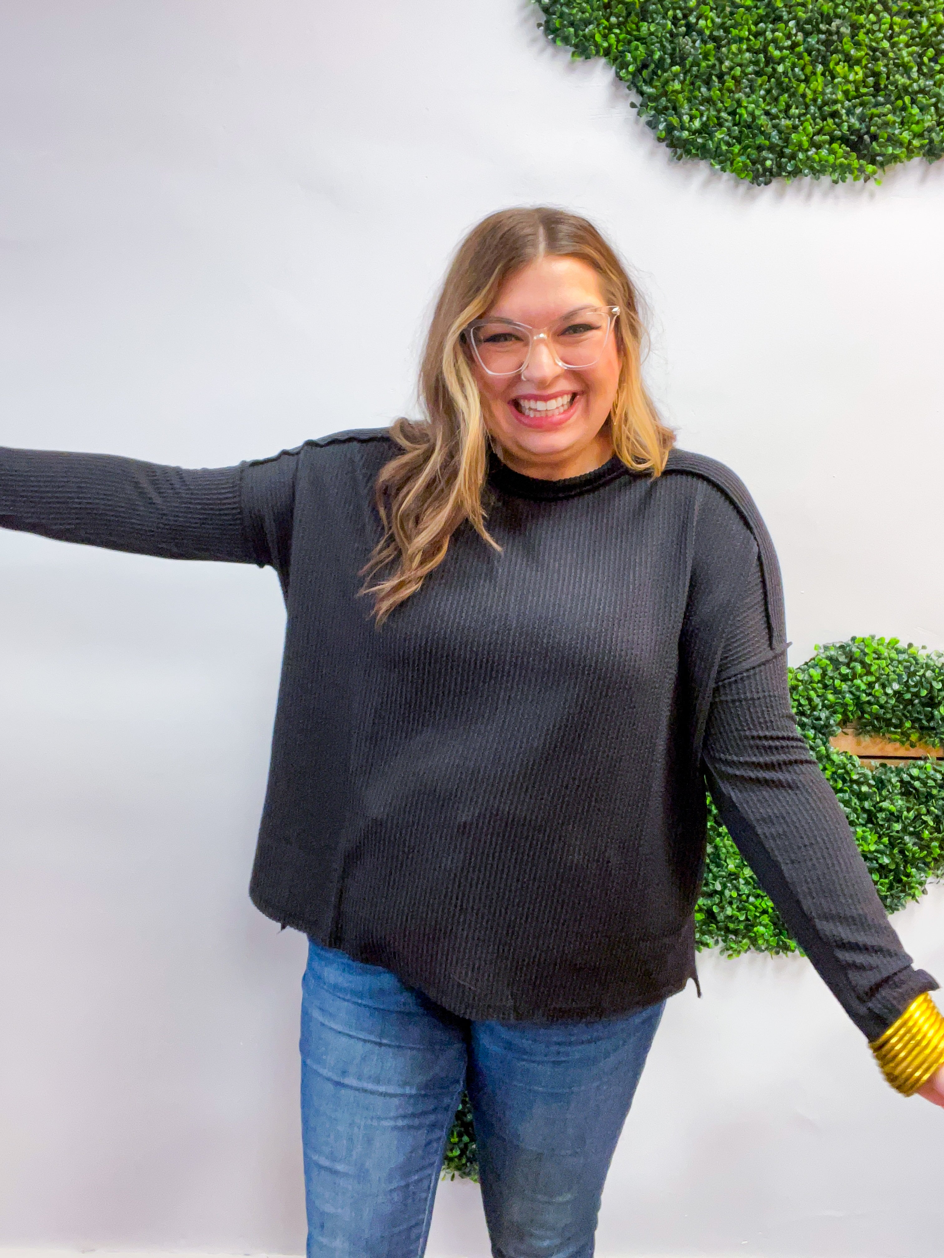 The Textured Take Raised Rib Long Sleeve Top in Black