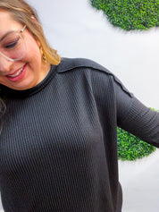 The Textured Take Raised Rib Long Sleeve Top in Black