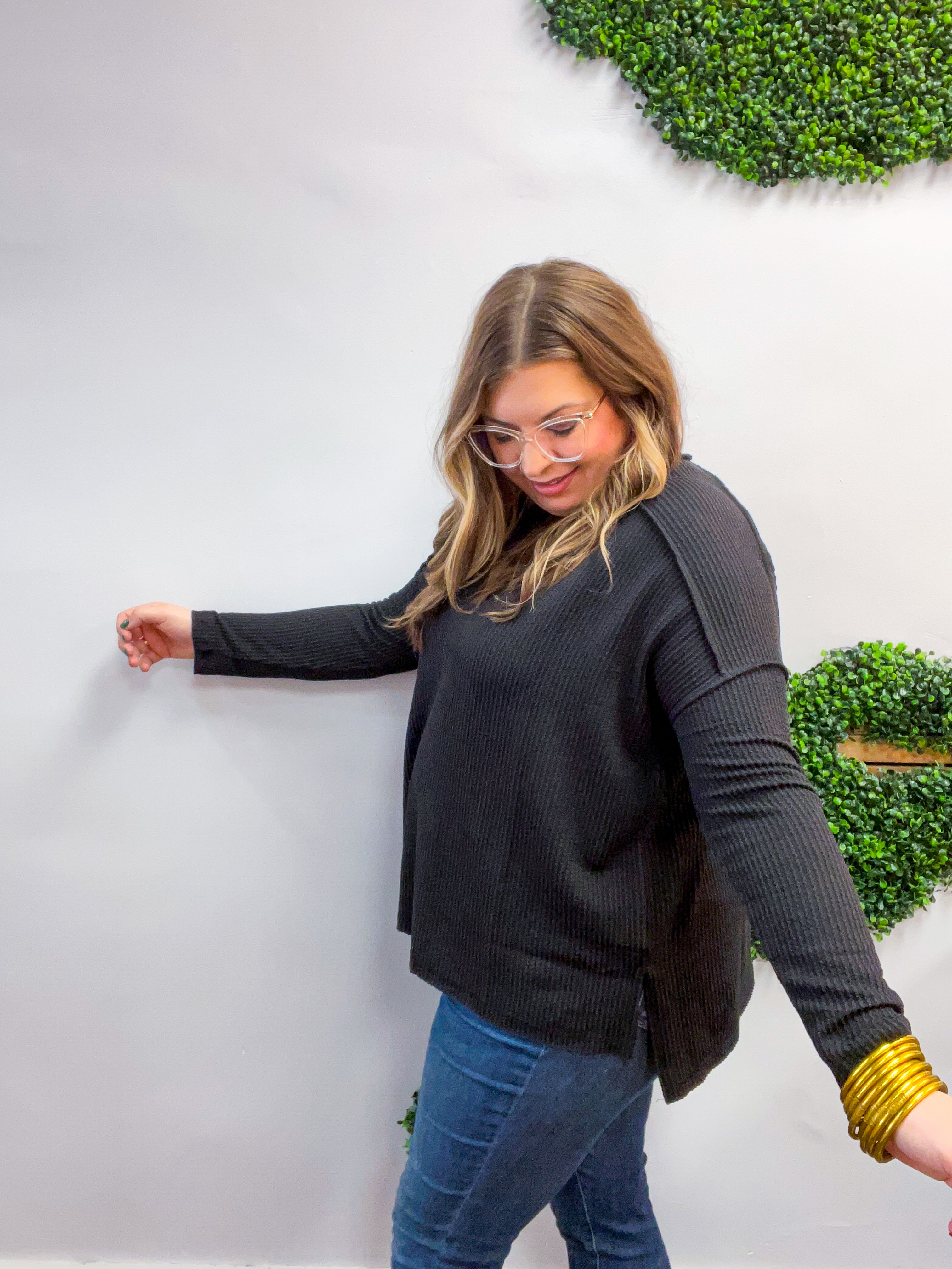 The Textured Take Raised Rib Long Sleeve Top in Black