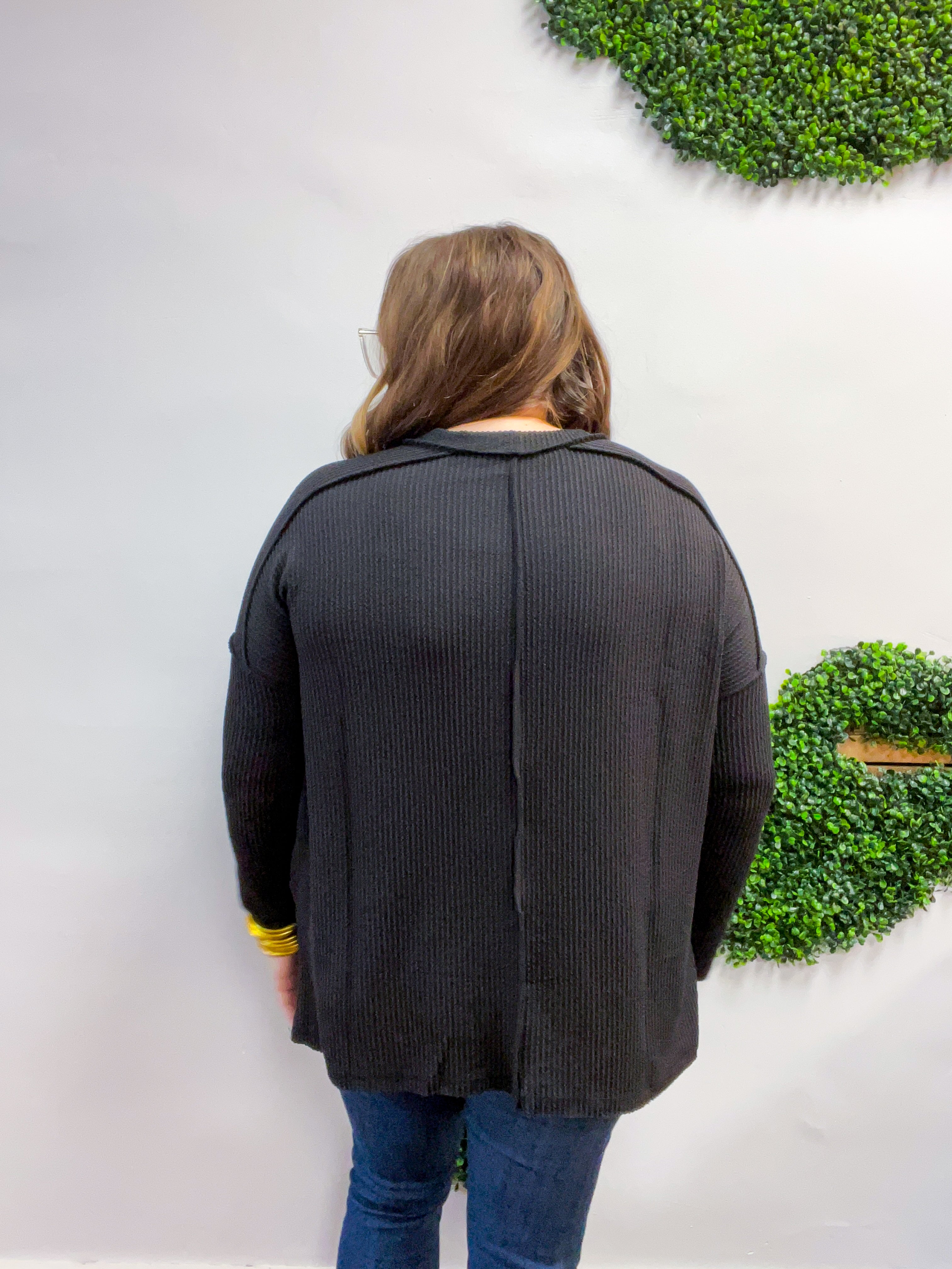 The Textured Take Raised Rib Long Sleeve Top in Black
