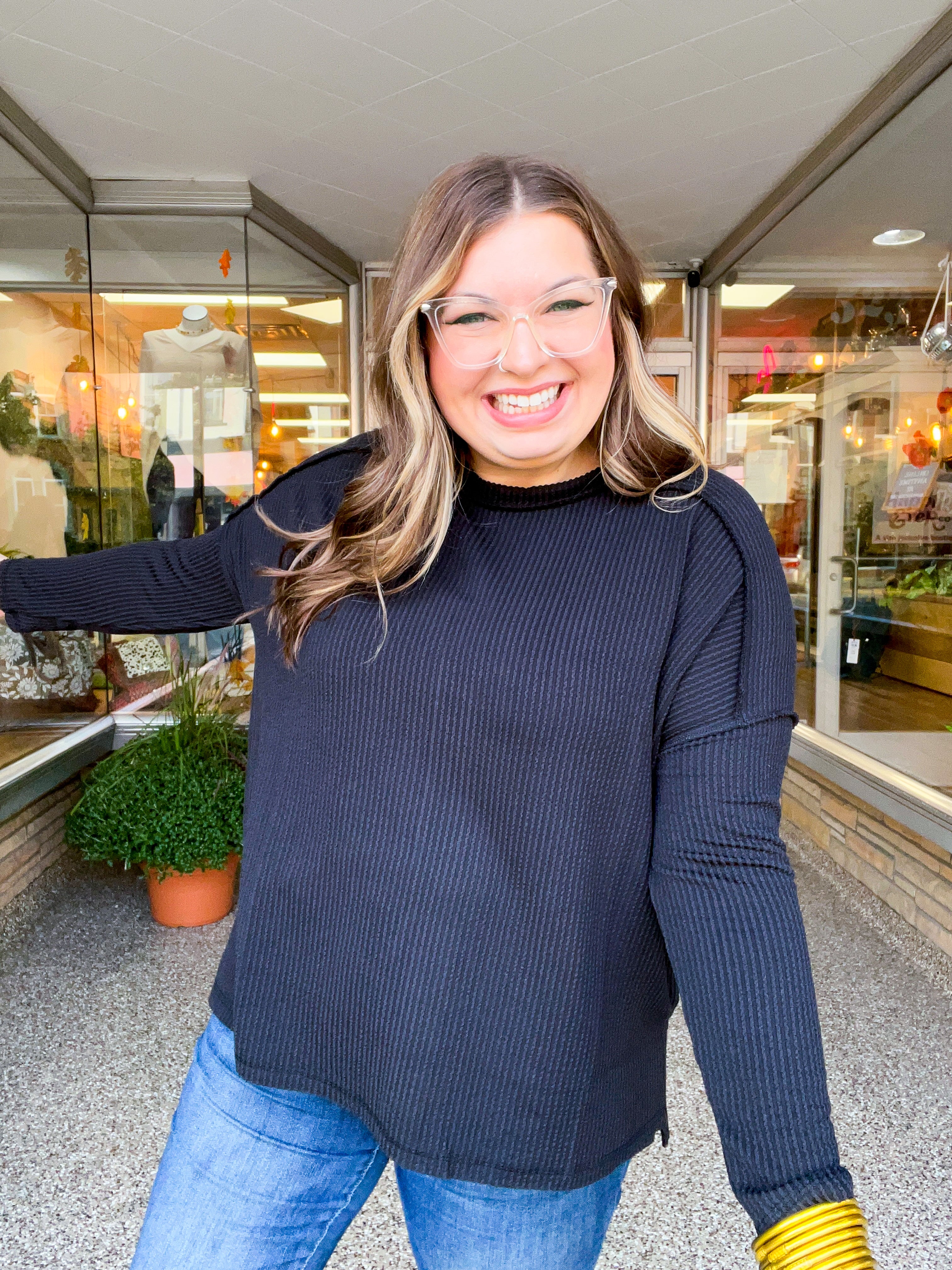 The Textured Take Raised Rib Long Sleeve Top in Black