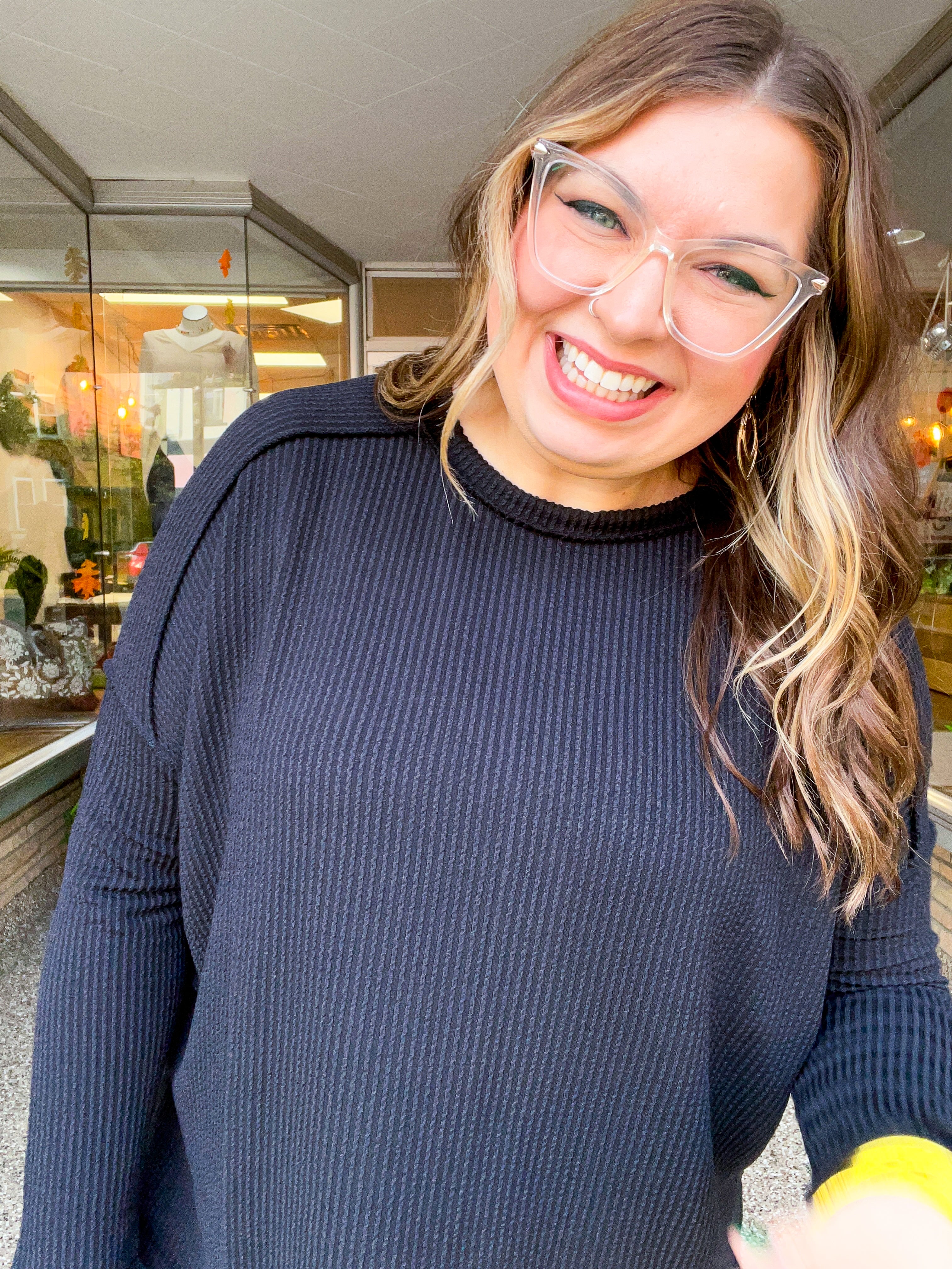 The Textured Take Raised Rib Long Sleeve Top in Black
