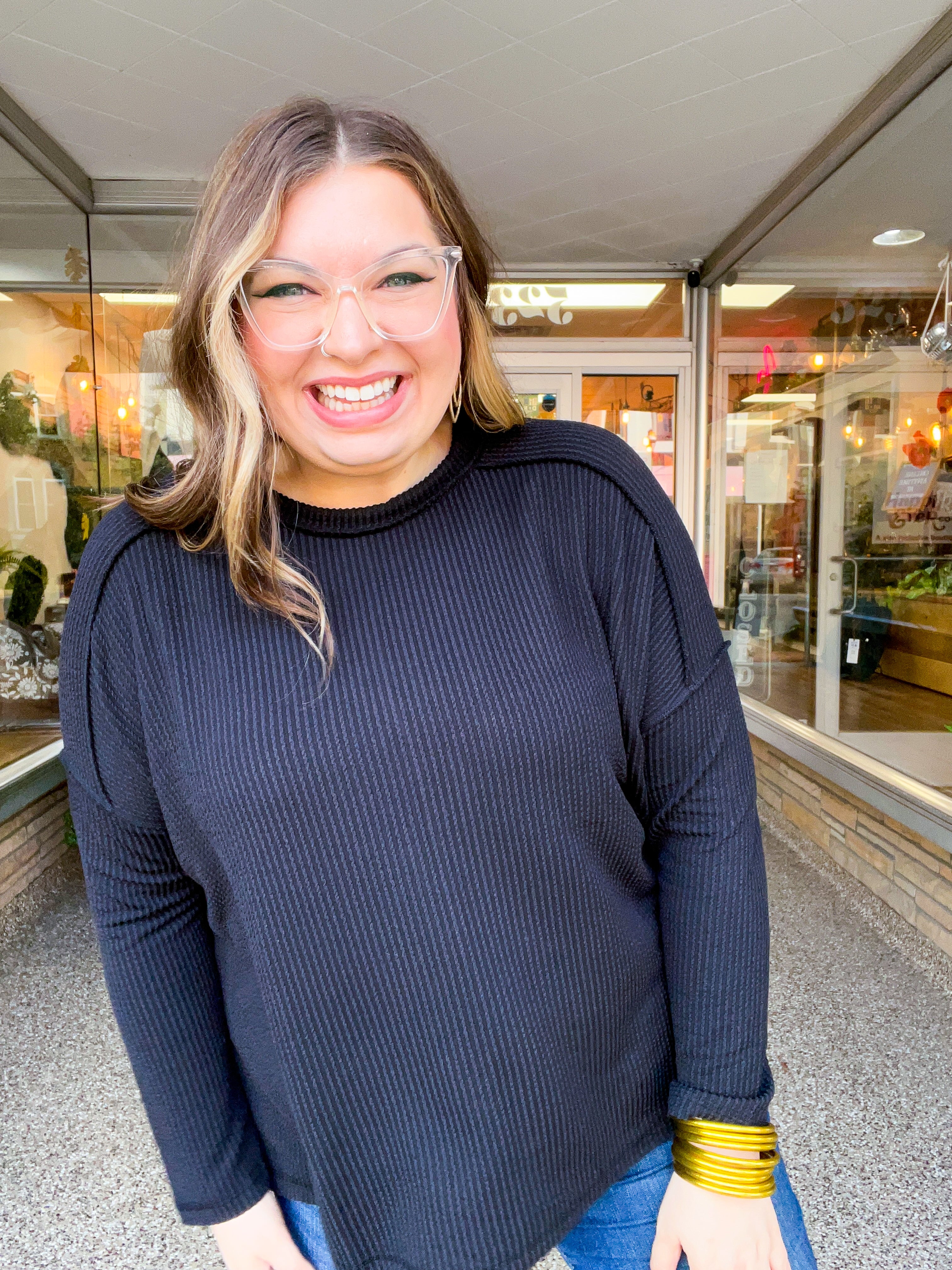 The Textured Take Raised Rib Long Sleeve Top in Black