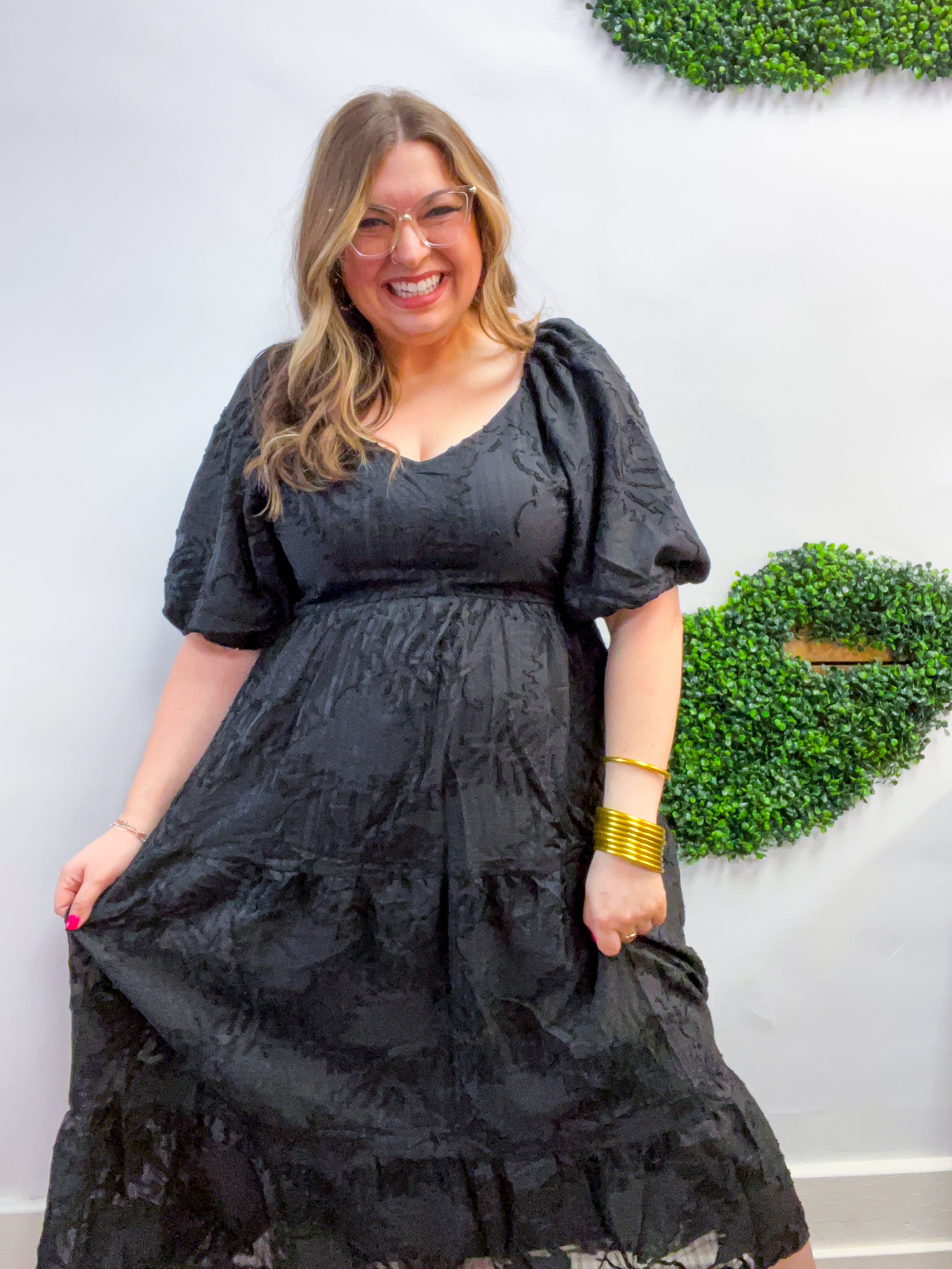 Ebony Petals Tiered Midi Dress