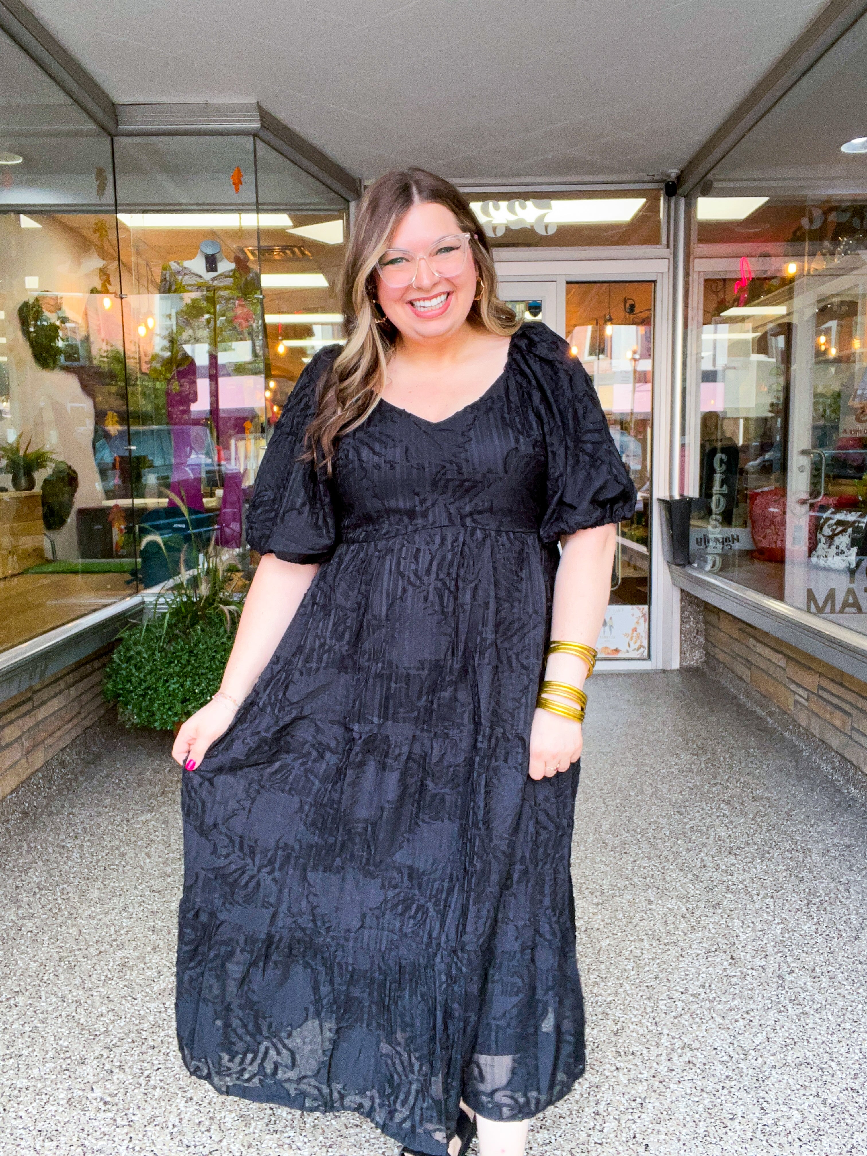 Ebony Petals Tiered Midi Dress