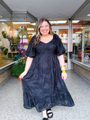 Ebony Petals Tiered Midi Dress