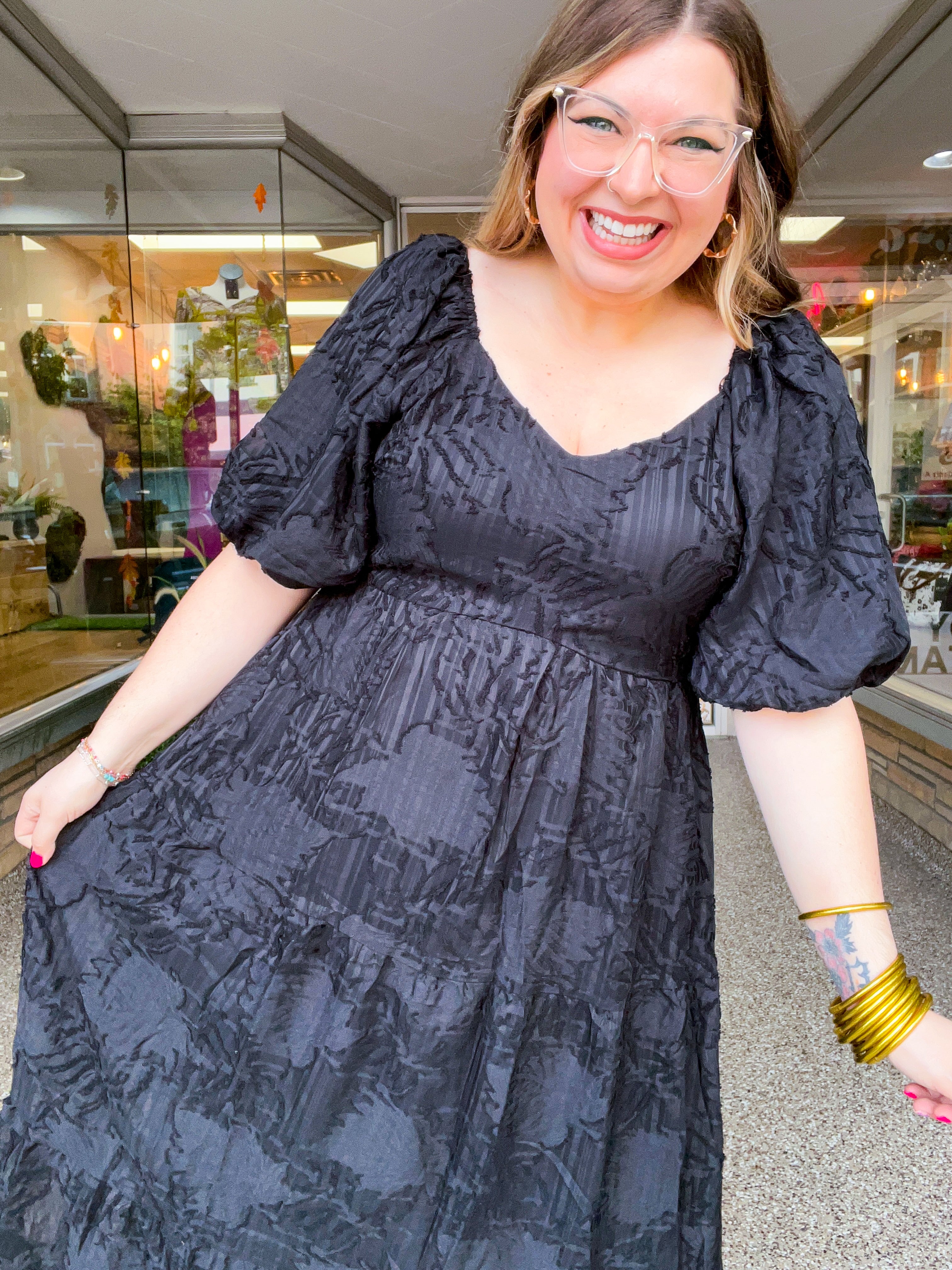Ebony Petals Tiered Midi Dress