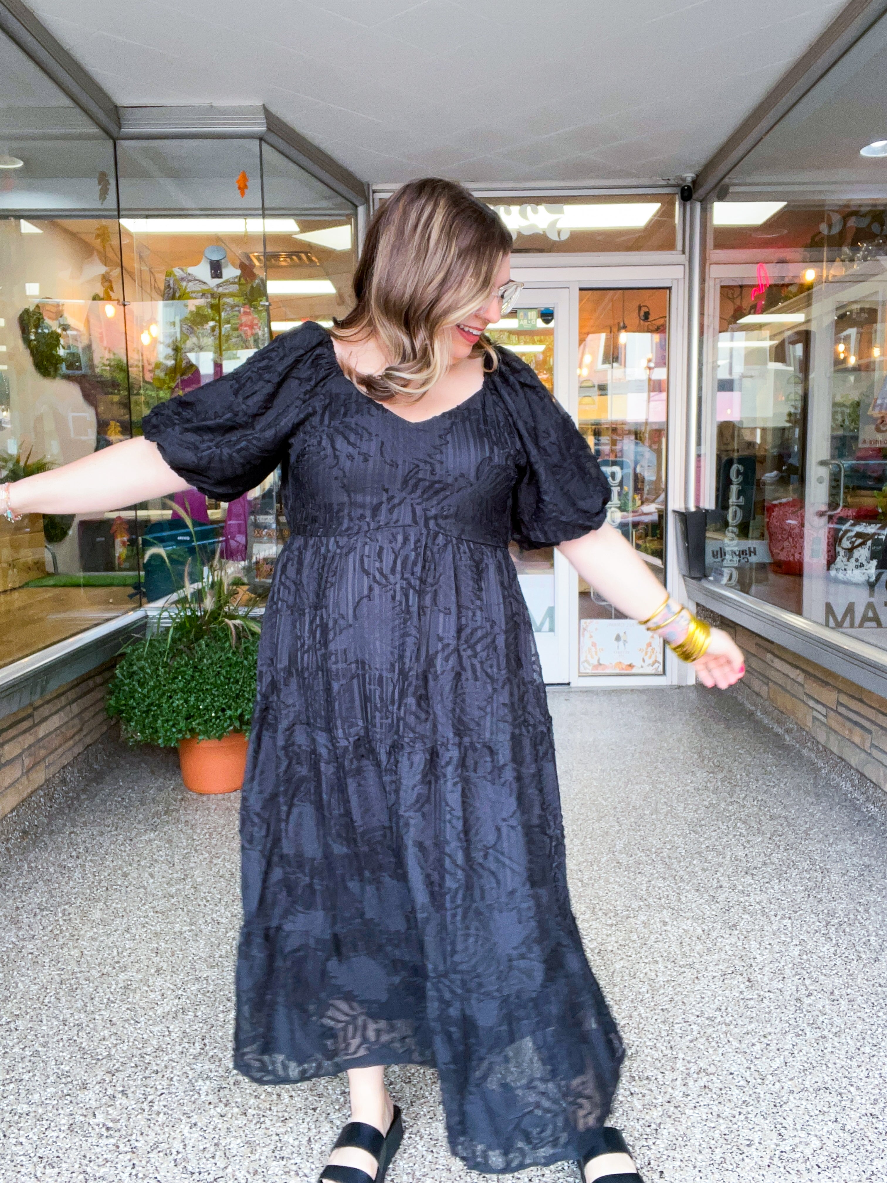 Ebony Petals Tiered Midi Dress