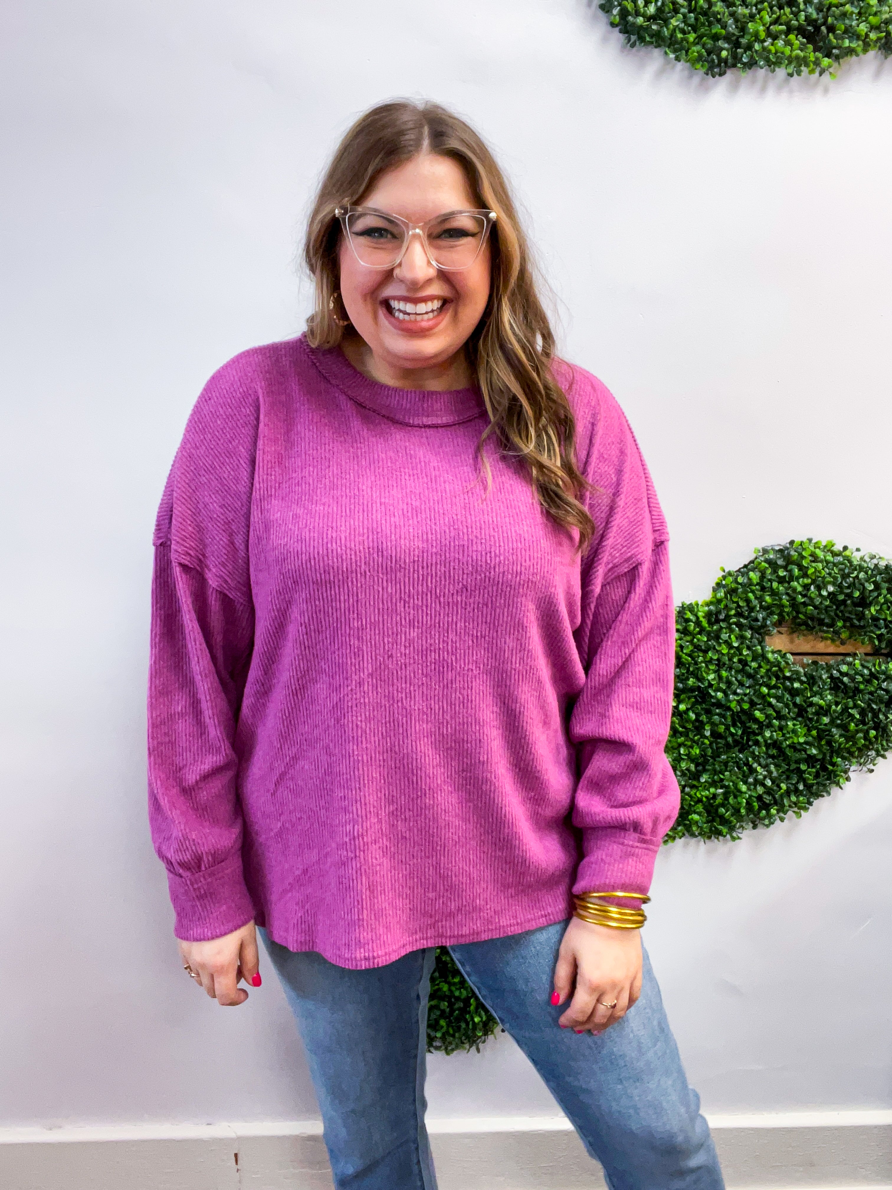 Meadow Ridge Drop Shoulder Sweater in Plum