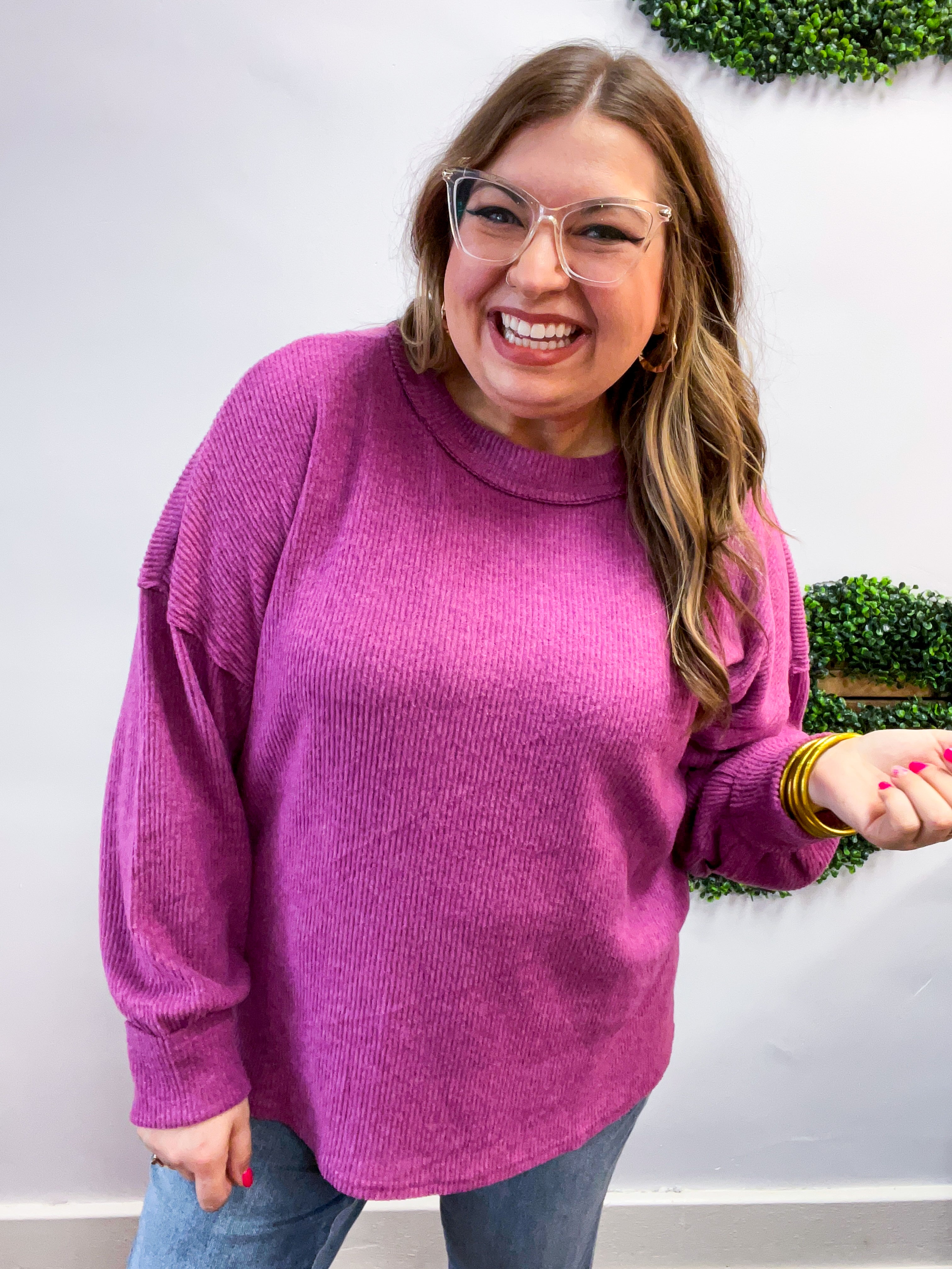 Meadow Ridge Drop Shoulder Sweater in Plum