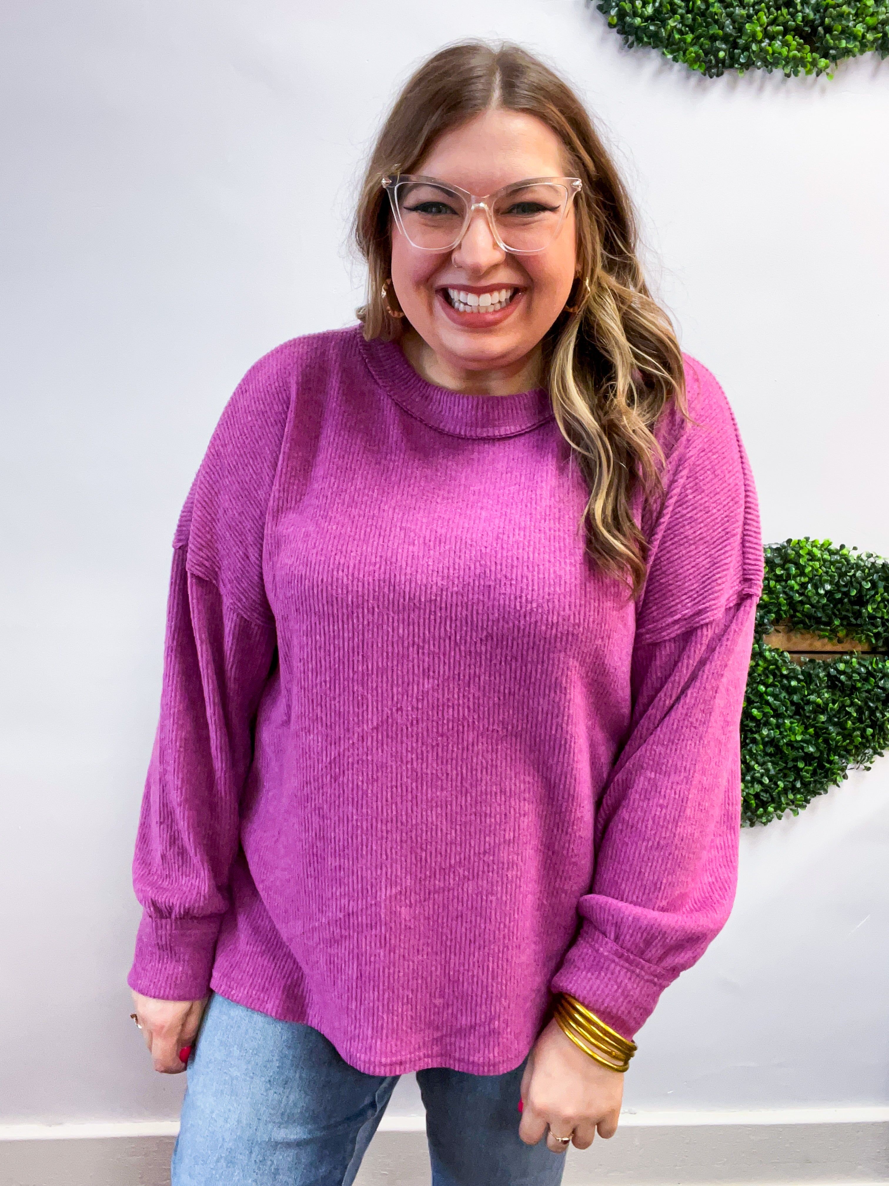 Meadow Ridge Drop Shoulder Sweater in Plum