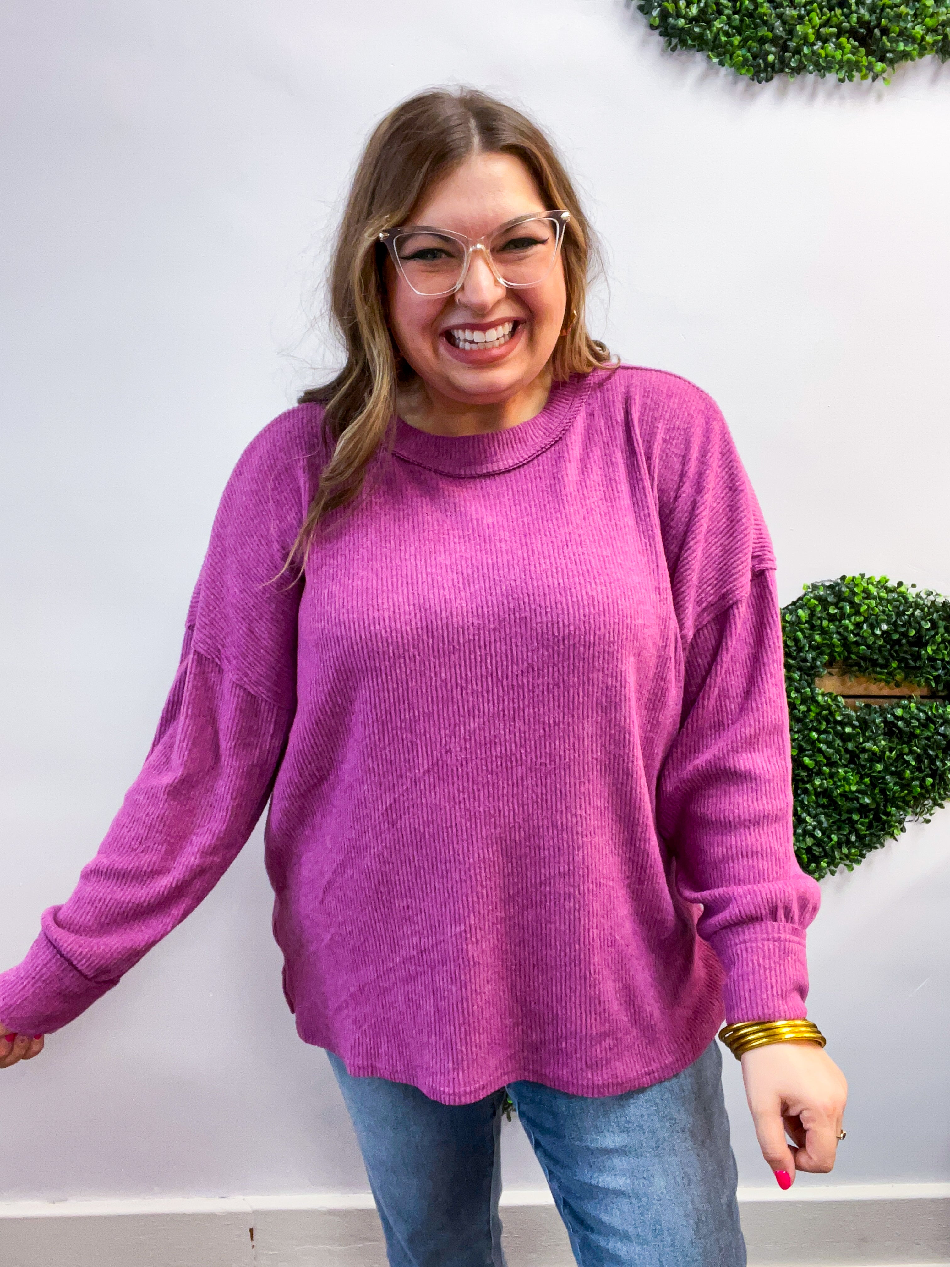 Meadow Ridge Drop Shoulder Sweater in Plum