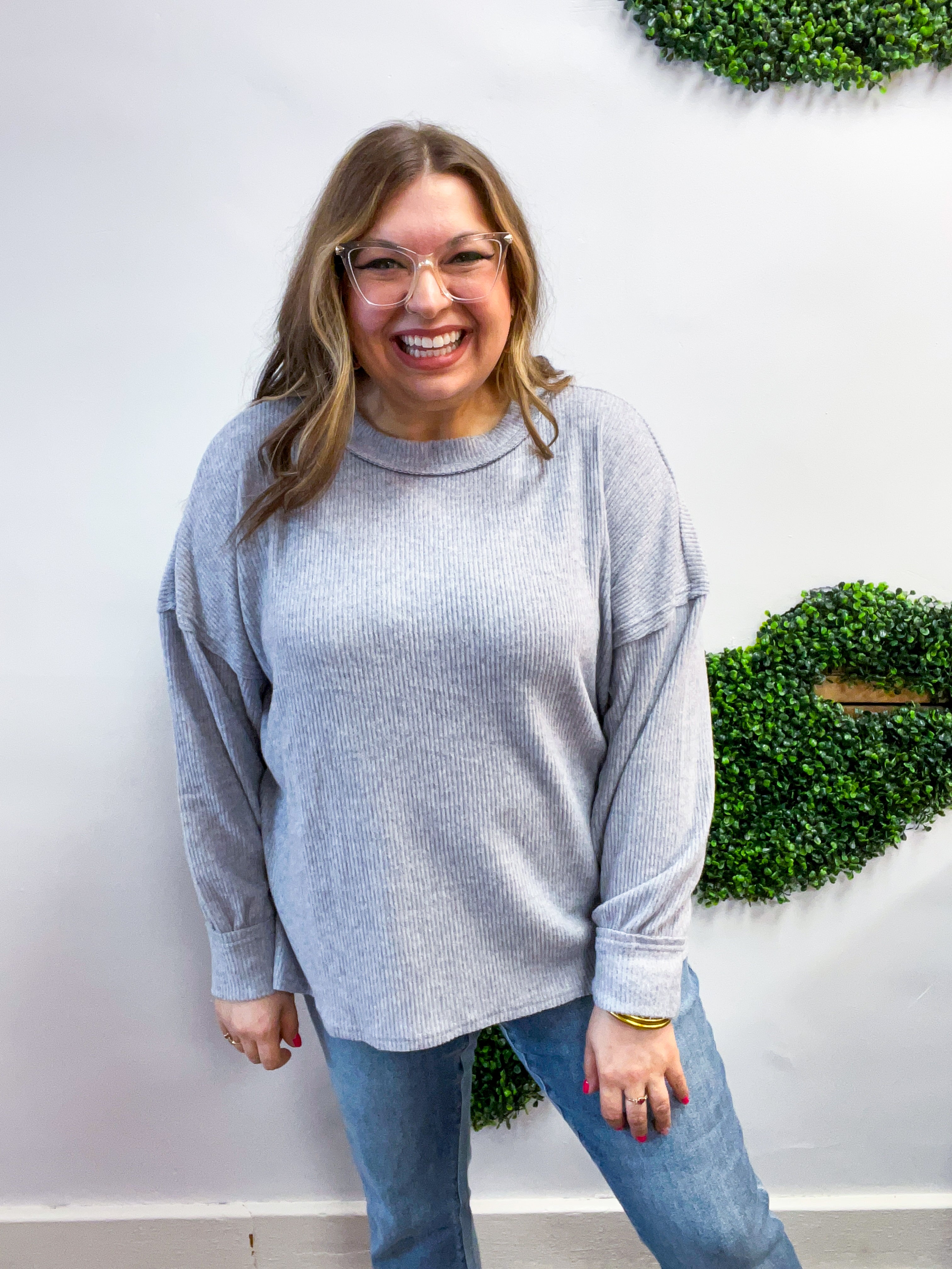Meadow Ridge Drop Shoulder Sweater in Heather Grey