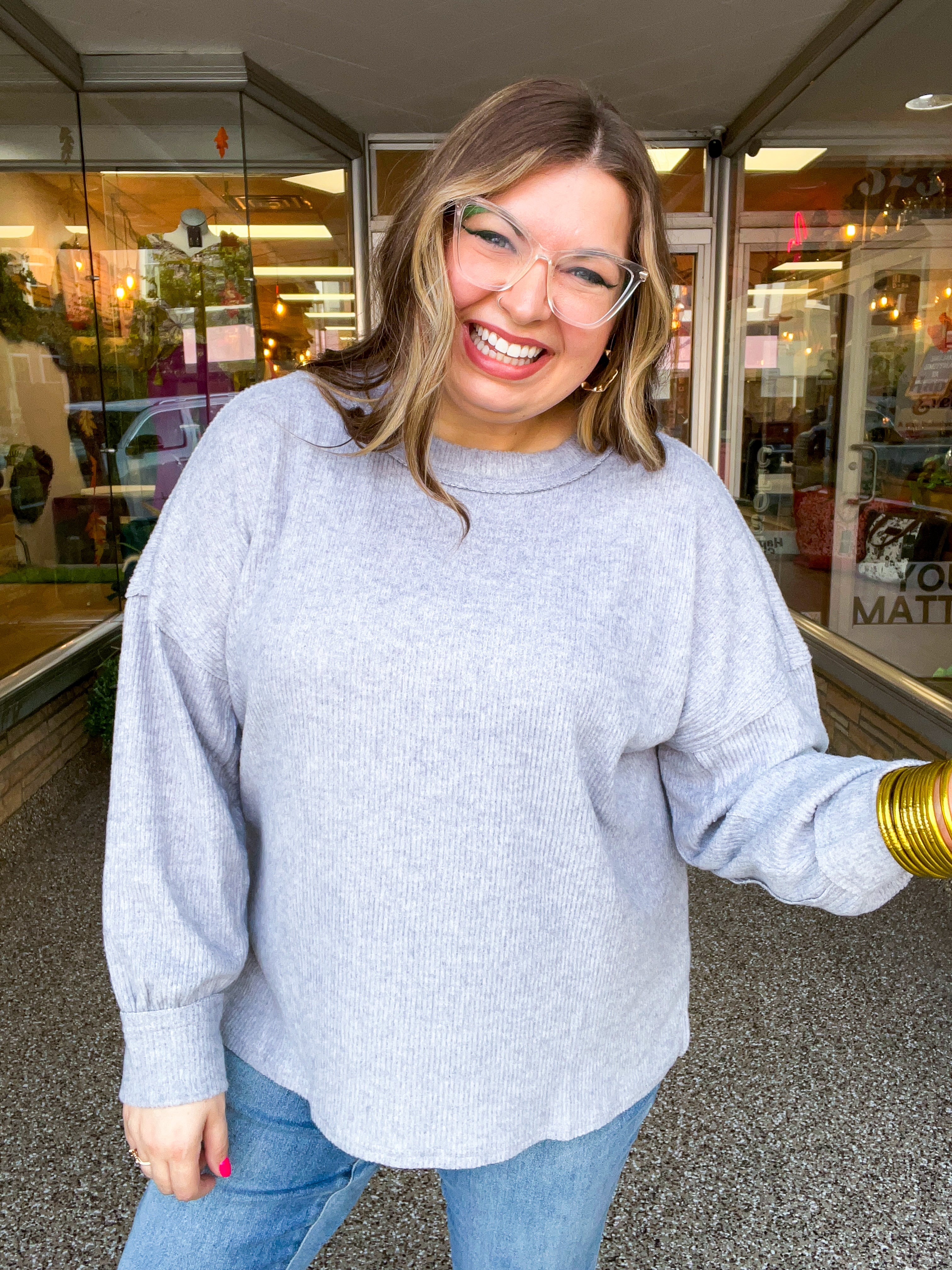 Meadow Ridge Drop Shoulder Sweater in Heather Grey
