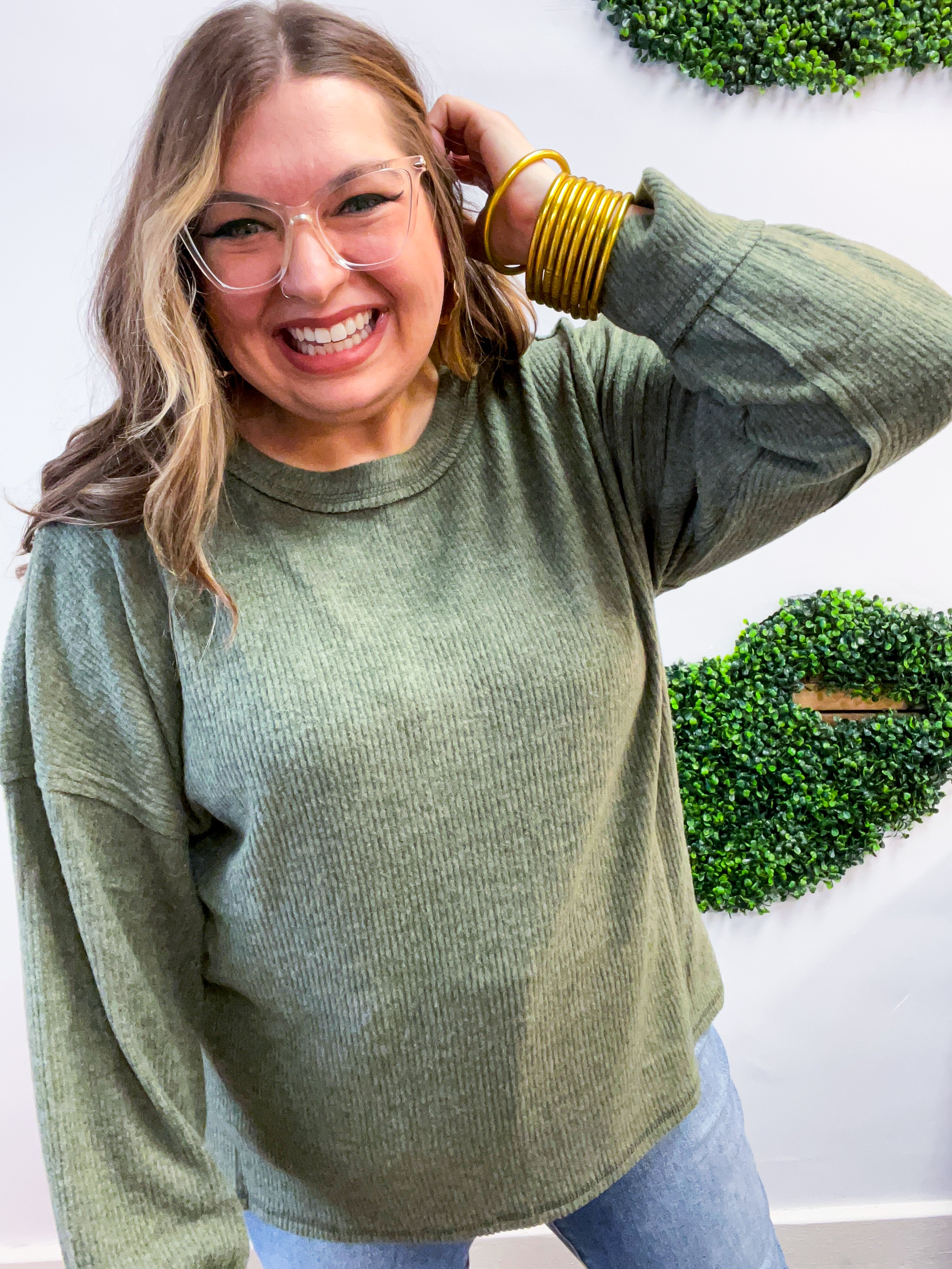 Meadow Ridge Drop Shoulder Sweater in Olive