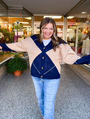 Campus Classic Cardigan Sweater in Navy & Camel