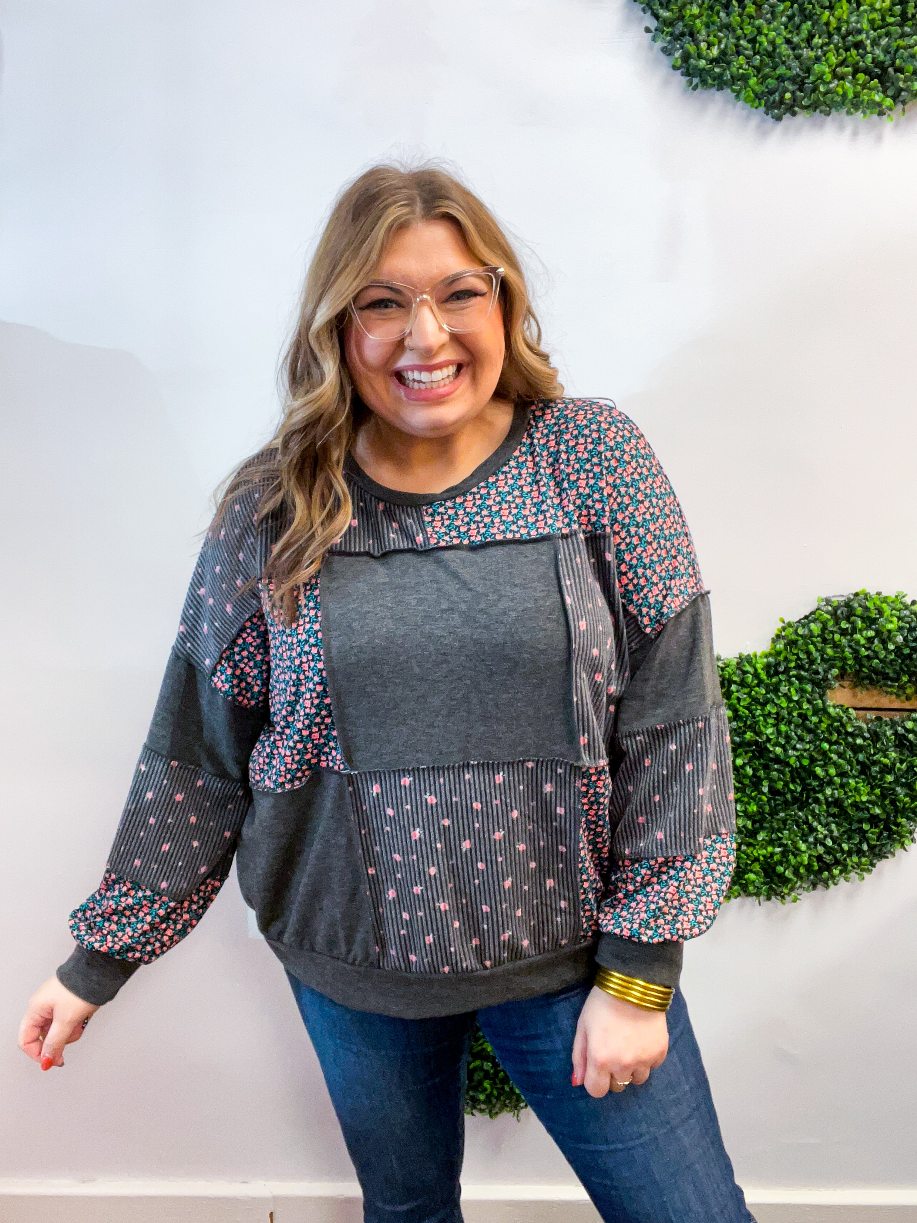 Ditsy Petals Patch Top in Charcoal