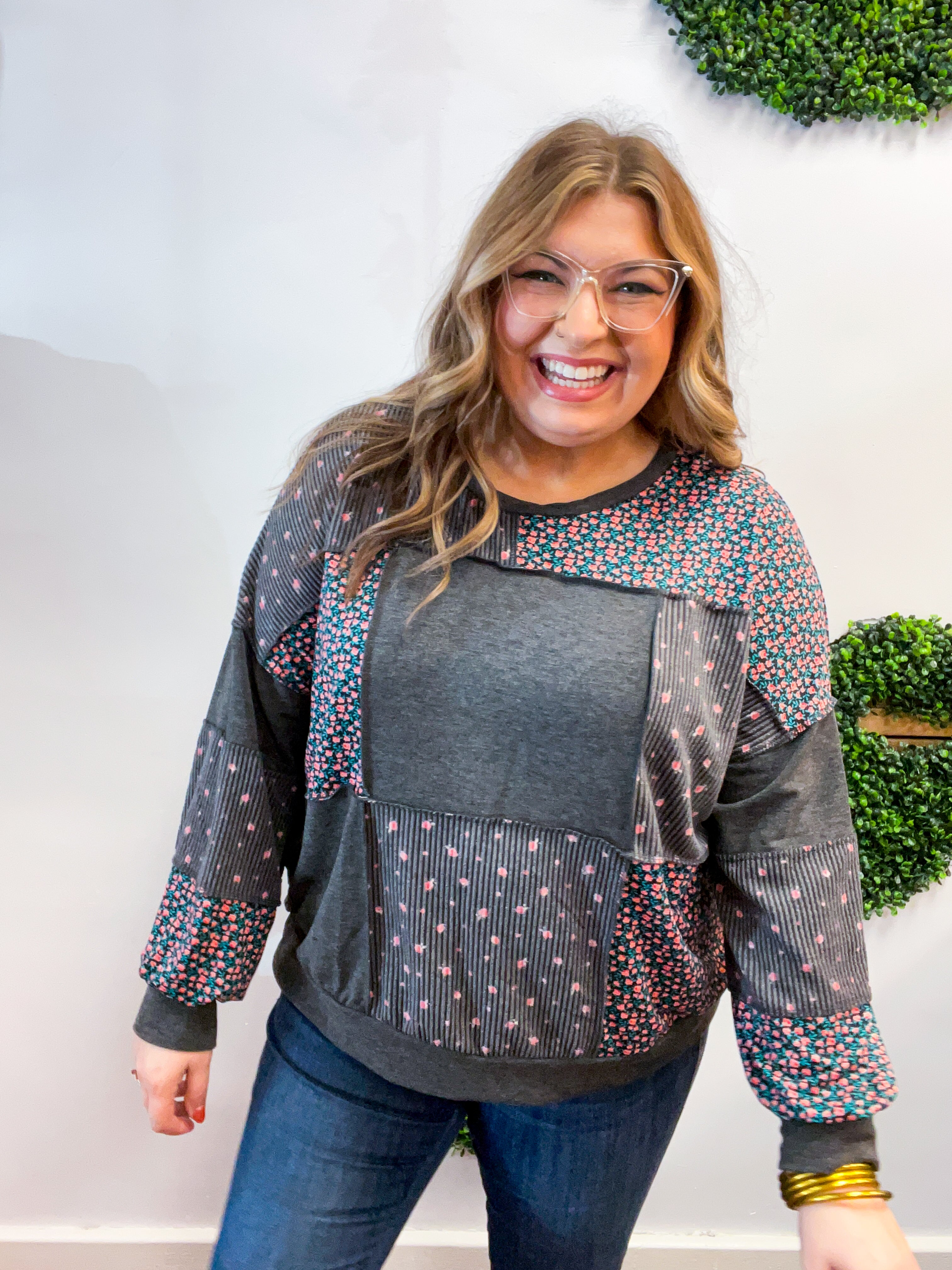 Ditsy Petals Patch Top in Charcoal