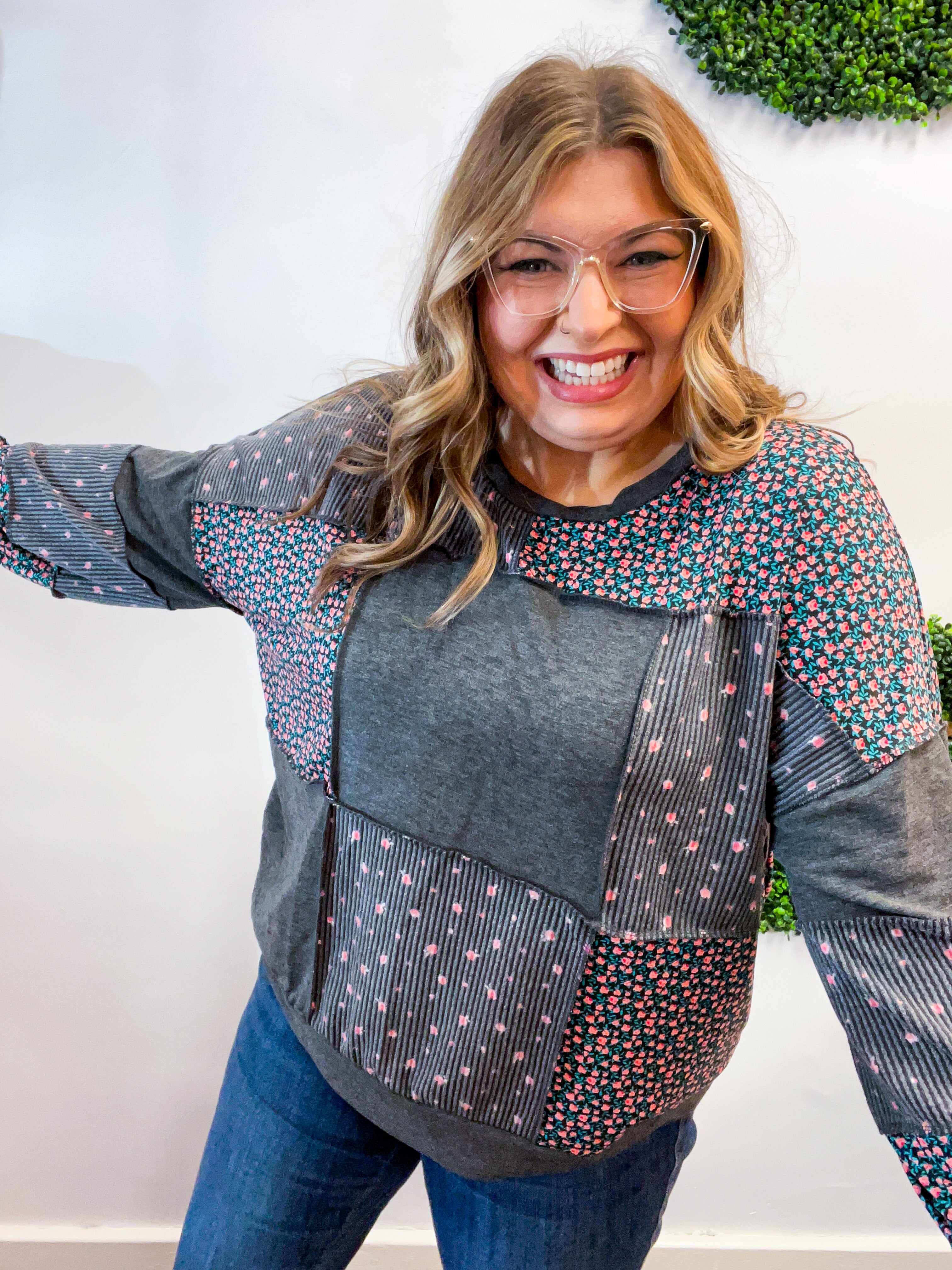 Ditsy Petals Patch Top in Charcoal