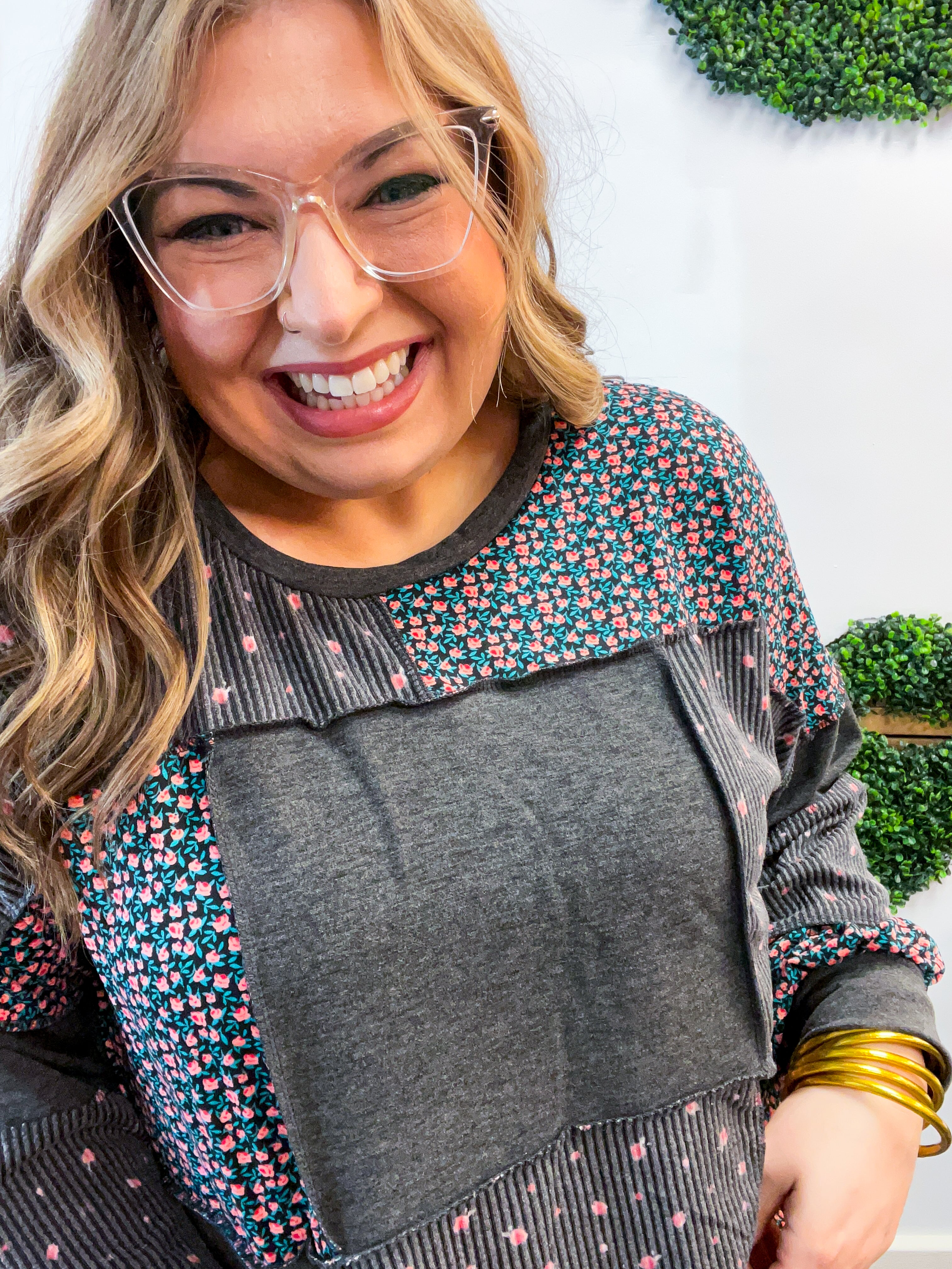Ditsy Petals Patch Top in Charcoal