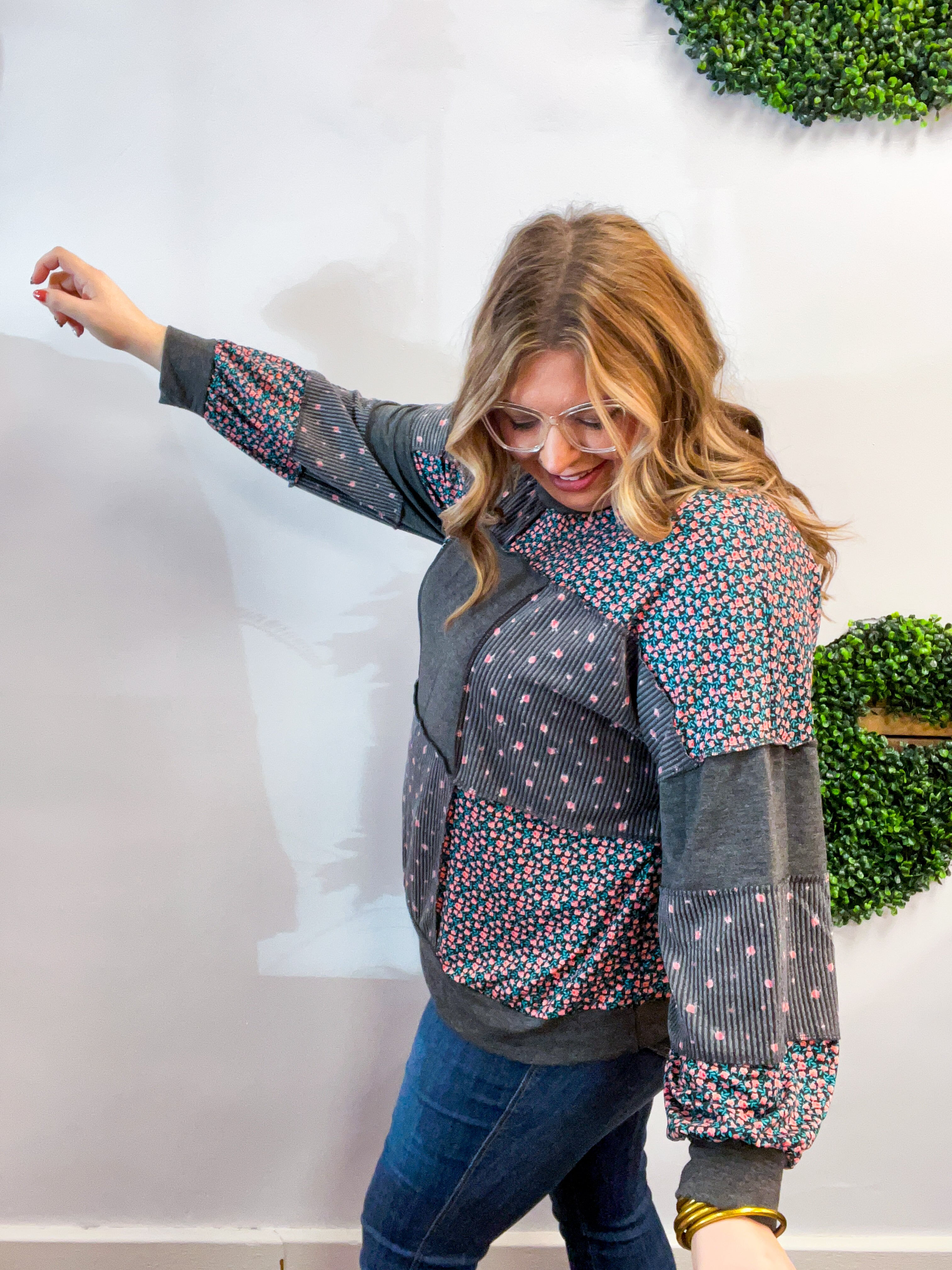 Ditsy Petals Patch Top in Charcoal