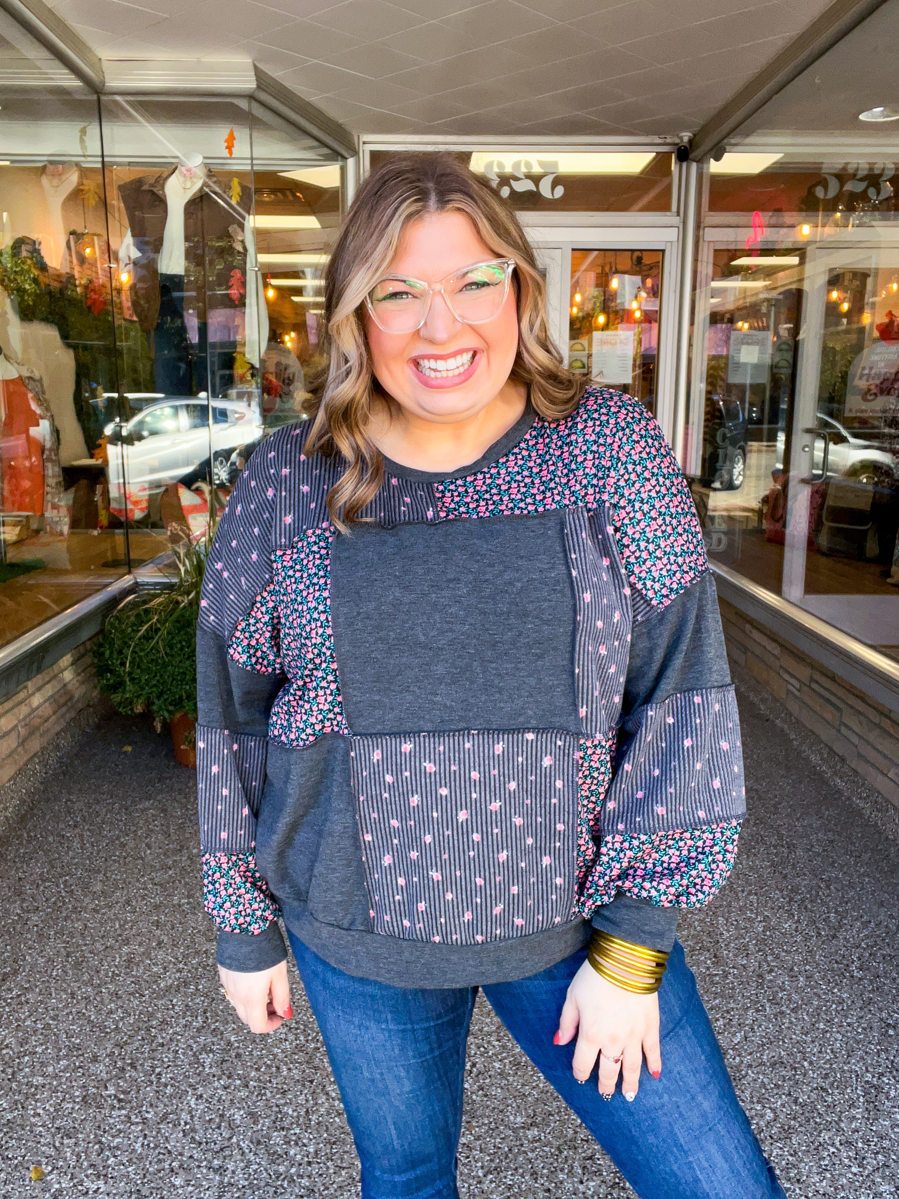 Ditsy Petals Patch Top in Charcoal
