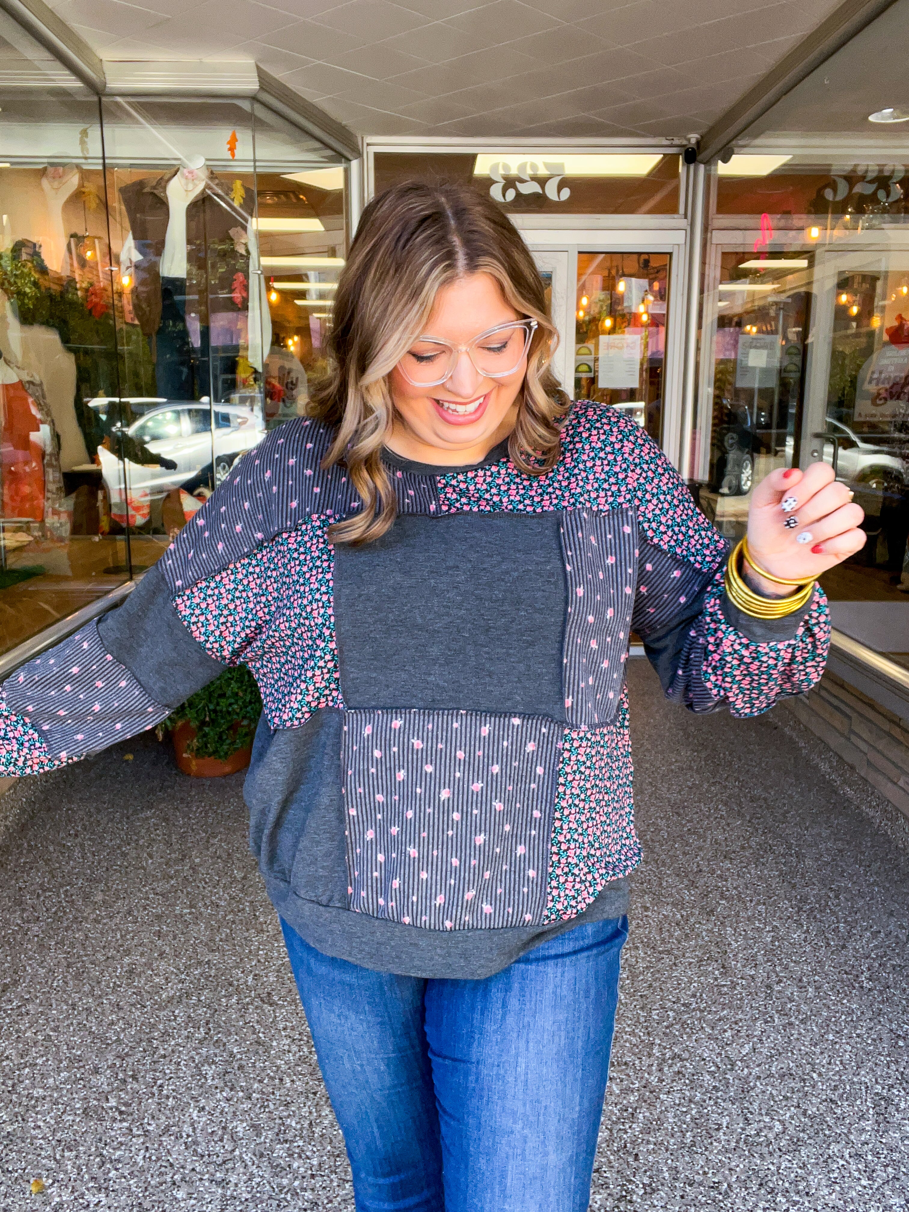 Ditsy Petals Patch Top in Charcoal