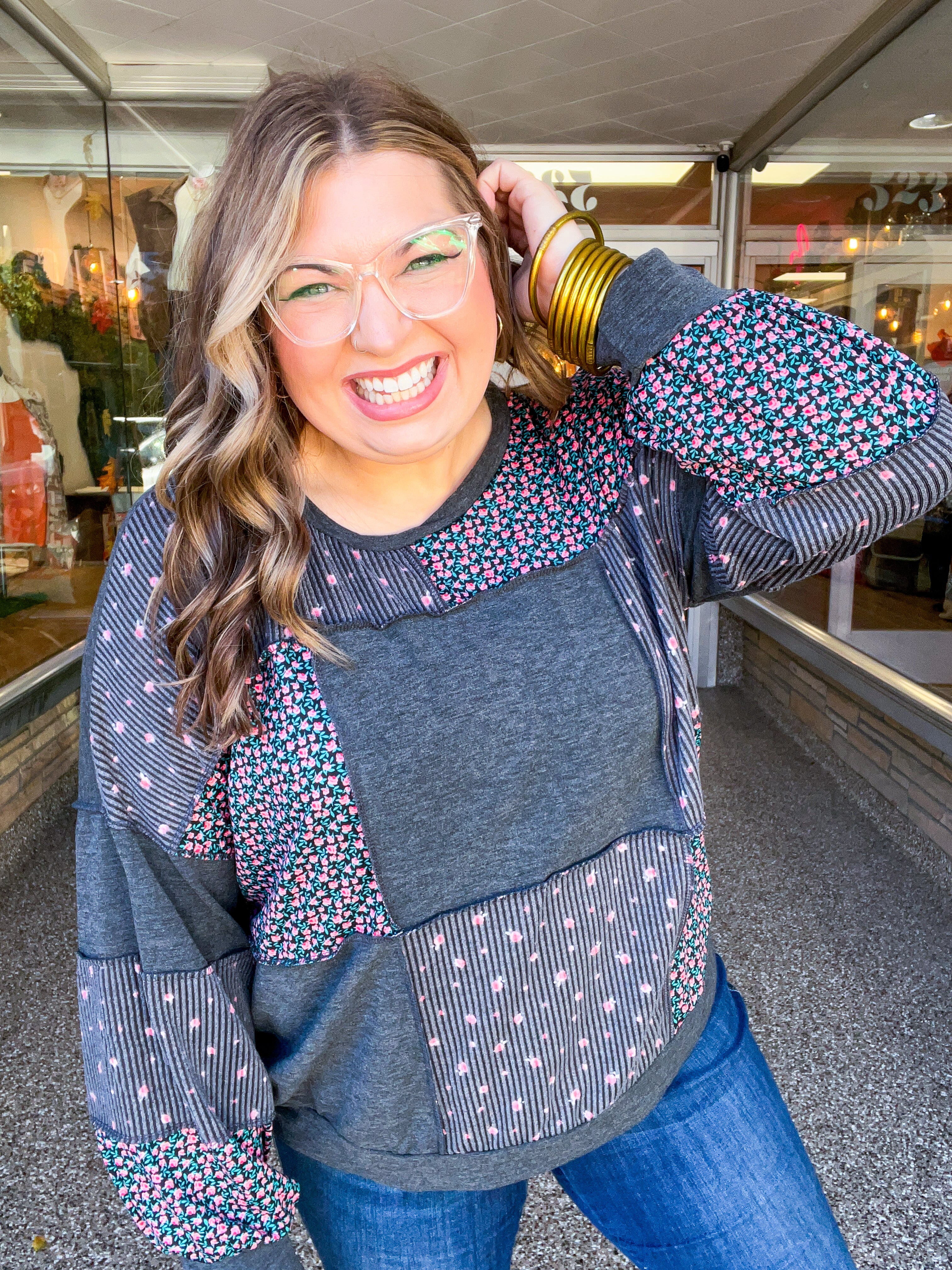 Ditsy Petals Patch Top in Charcoal
