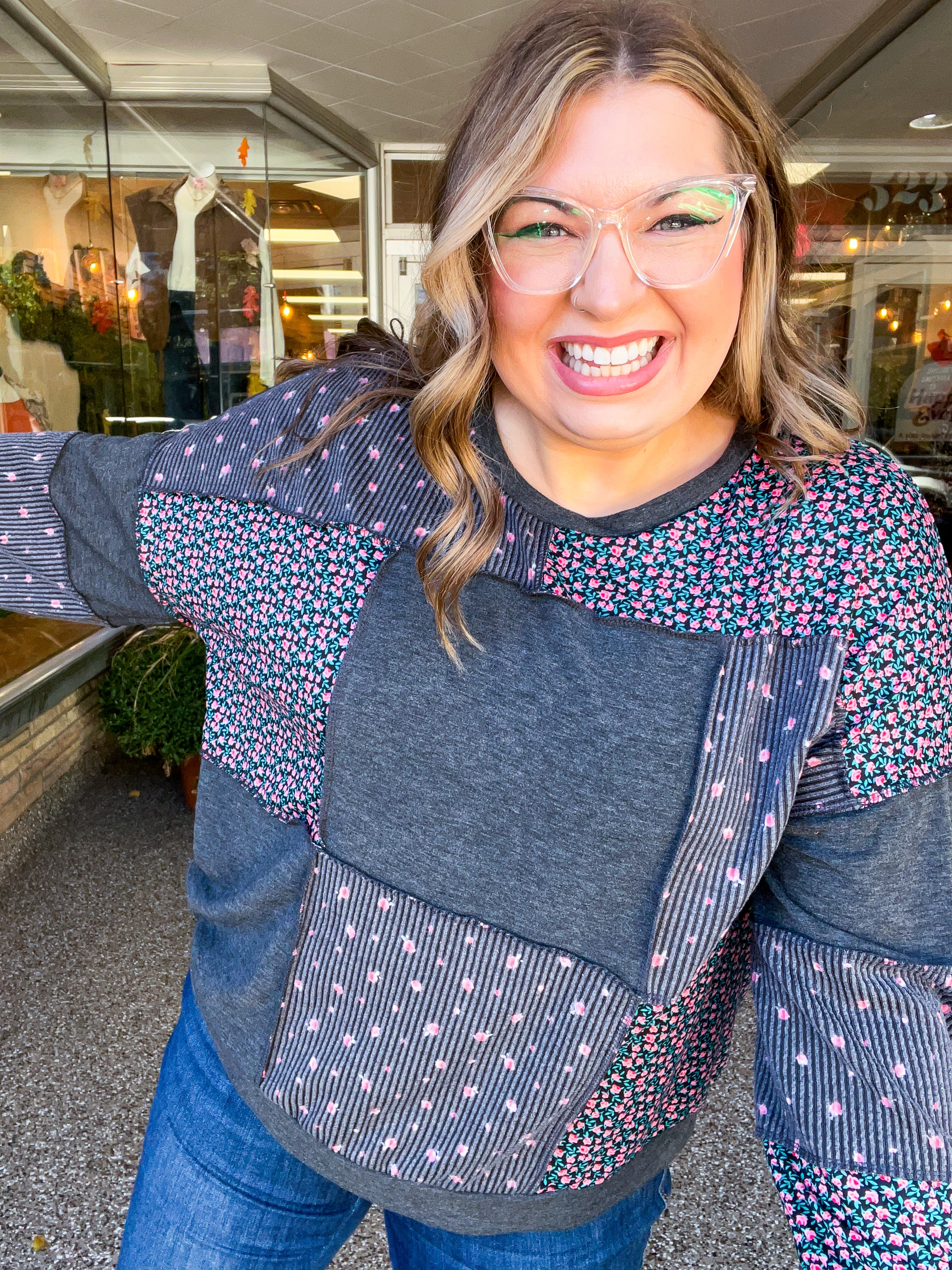 Ditsy Petals Patch Top in Charcoal