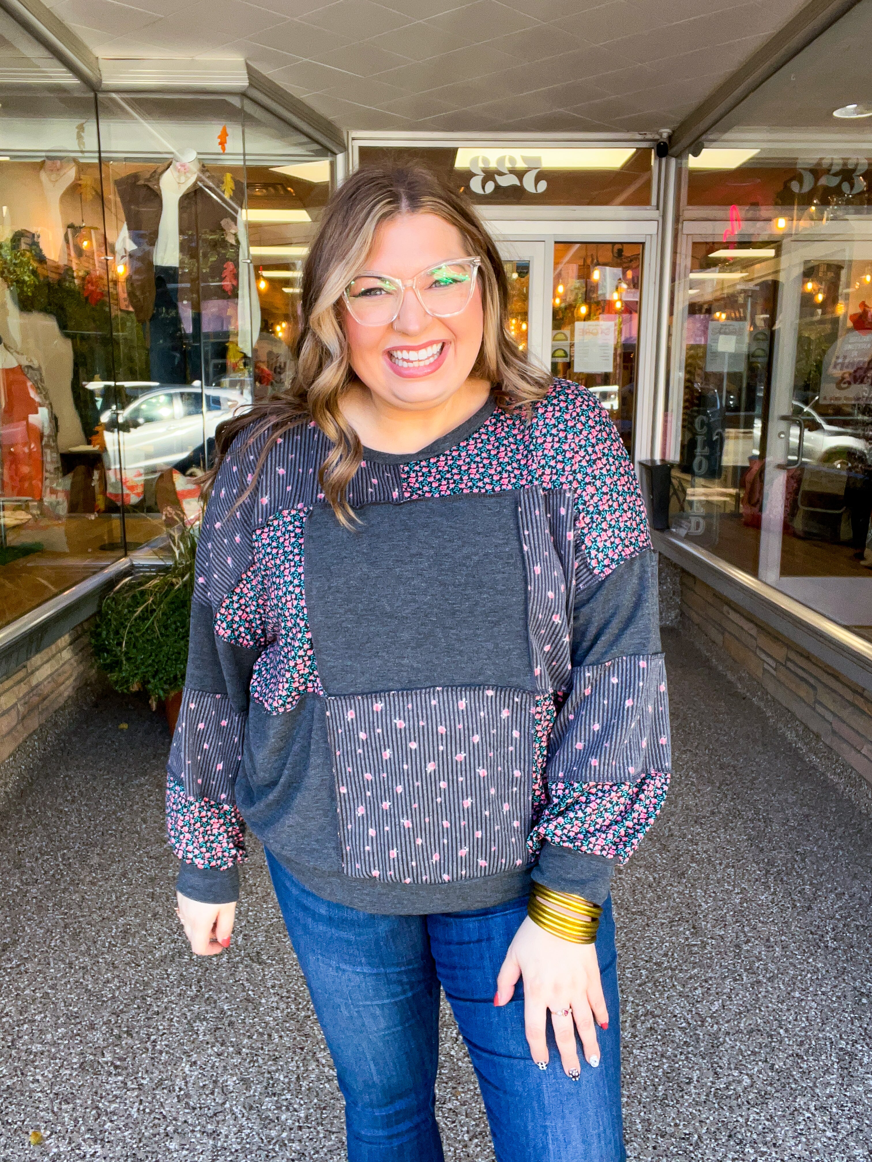 Ditsy Petals Patch Top in Charcoal