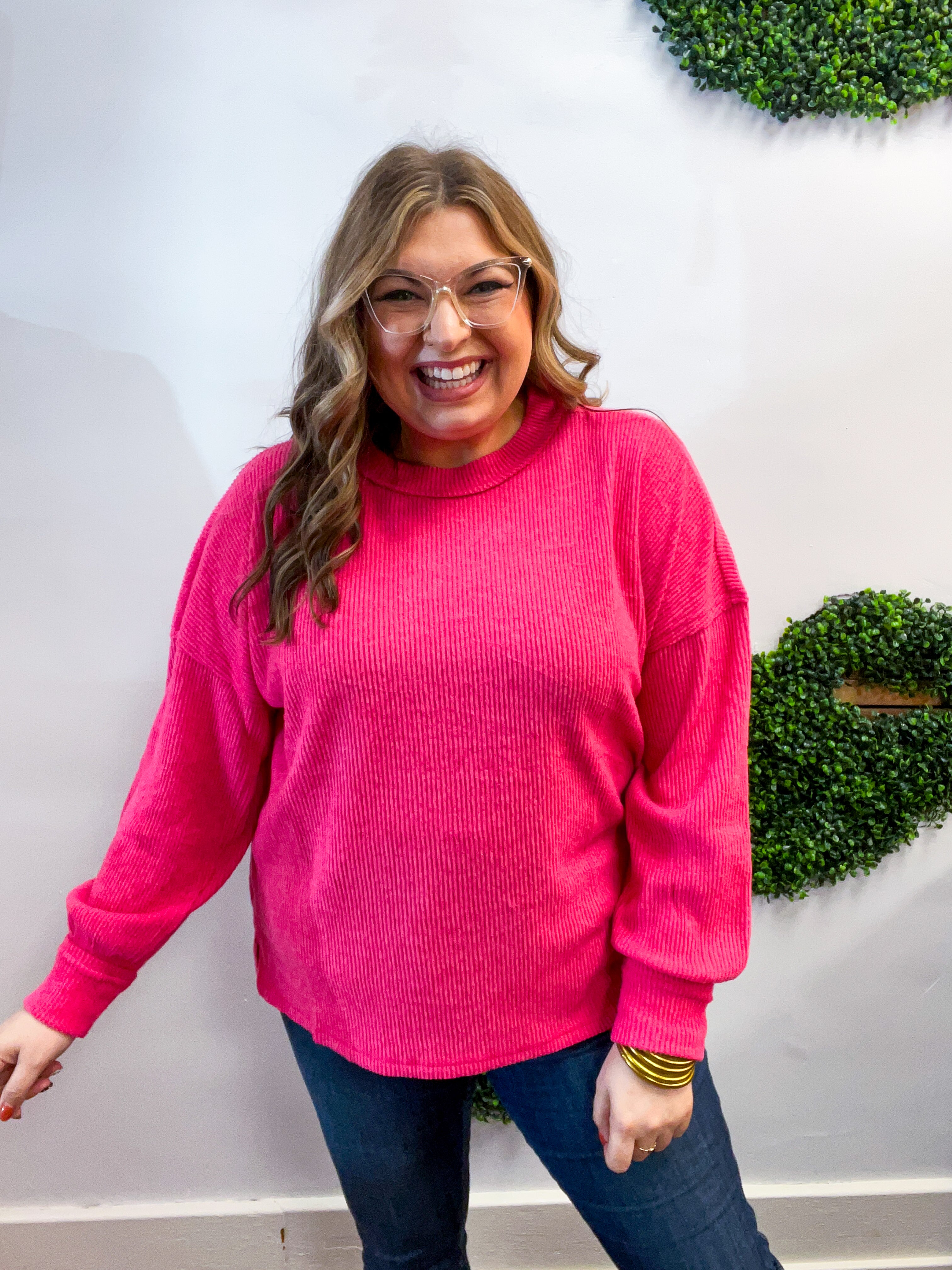 Meadow Ridge Drop Shoulder Sweater in Hot Pink