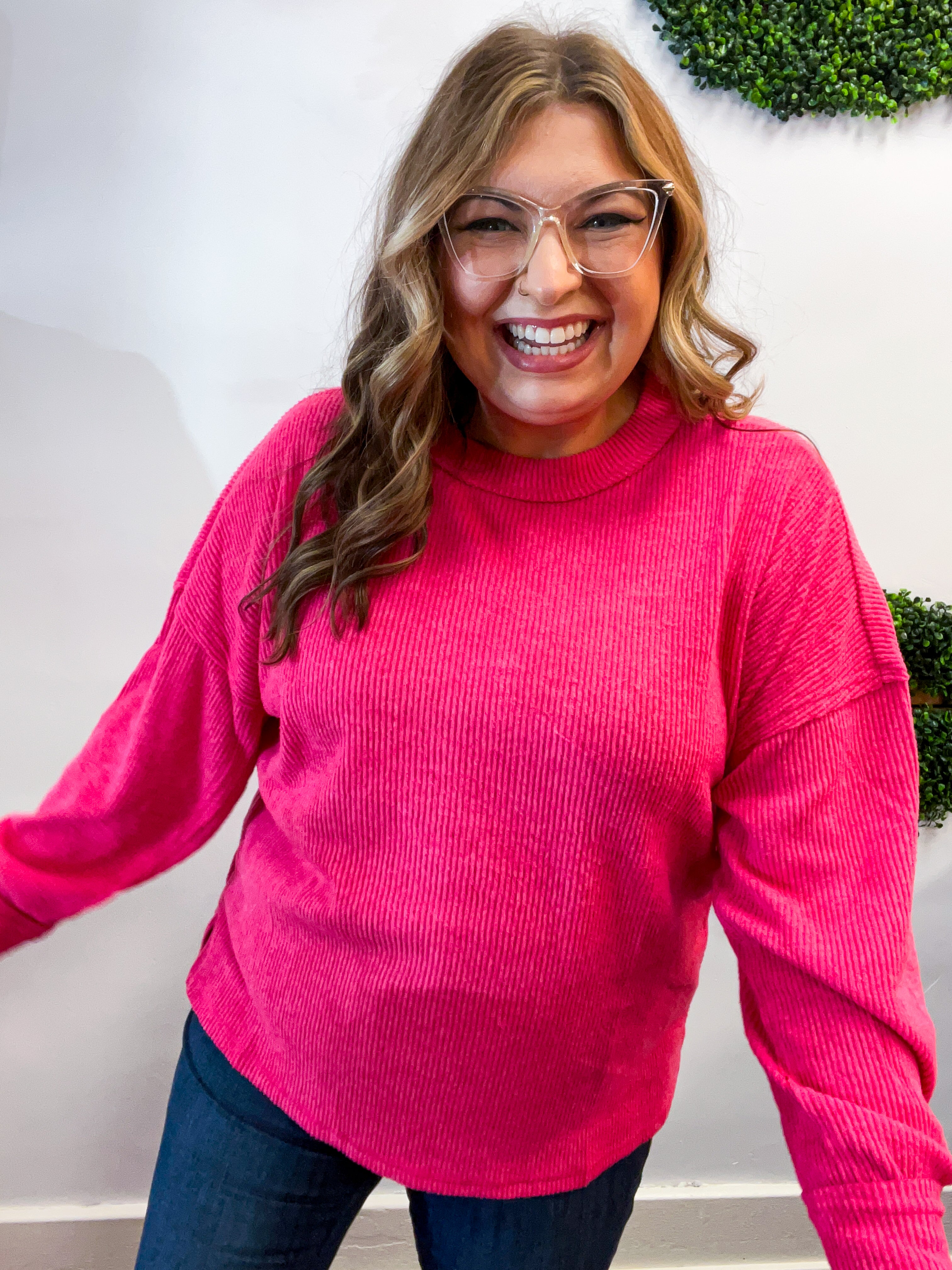 Meadow Ridge Drop Shoulder Sweater in Hot Pink