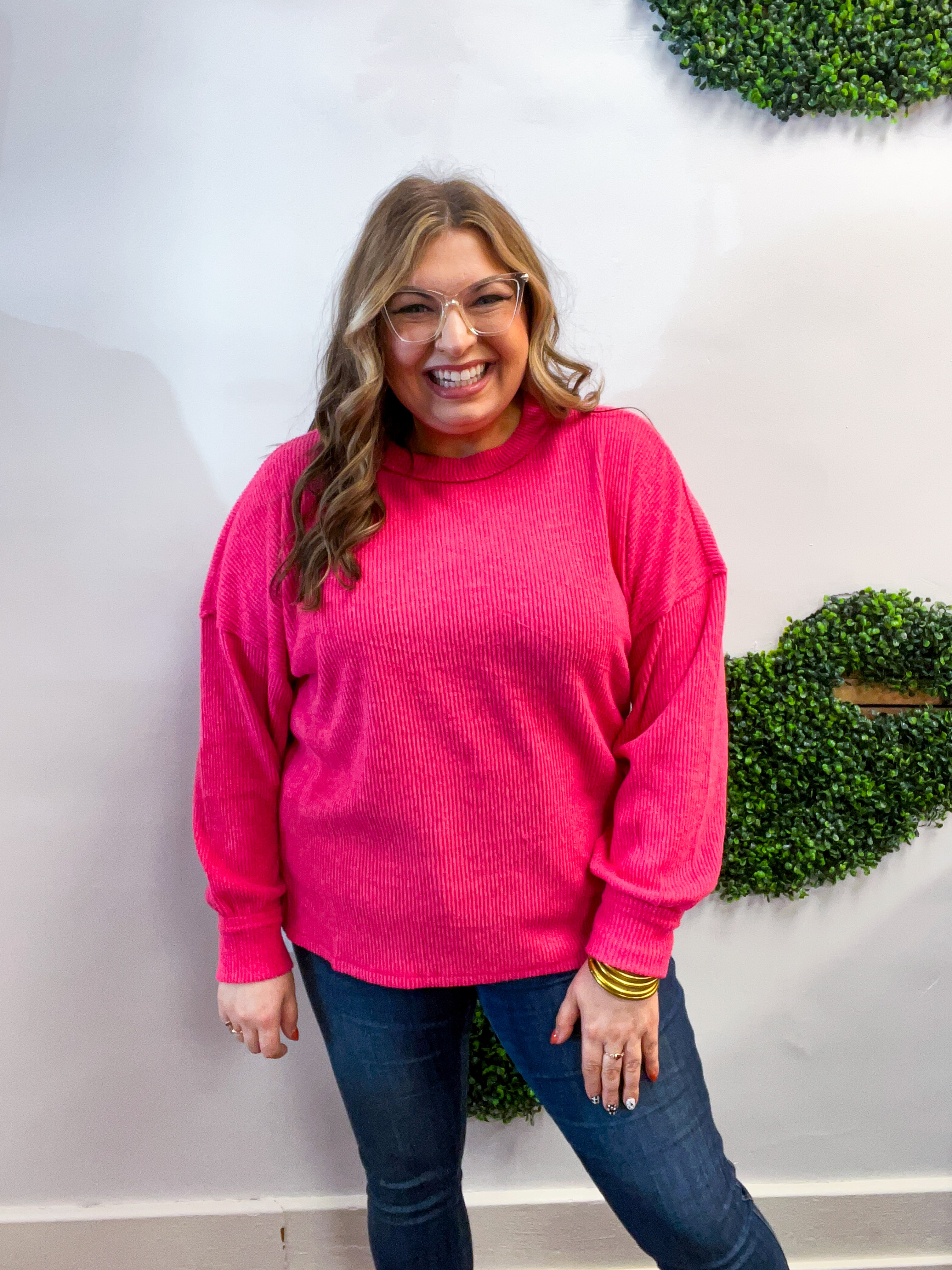 Meadow Ridge Drop Shoulder Sweater in Hot Pink