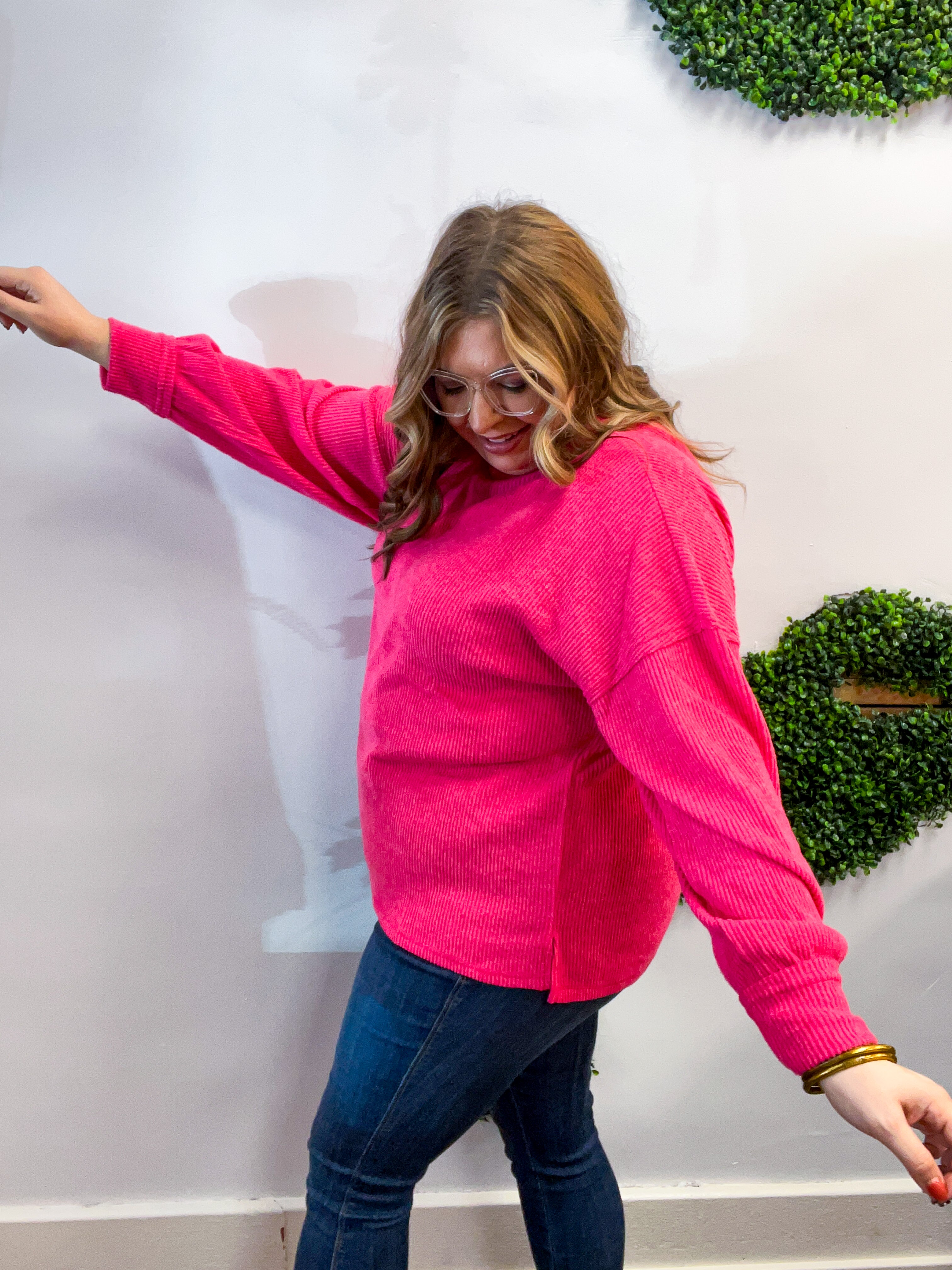 Meadow Ridge Drop Shoulder Sweater in Hot Pink