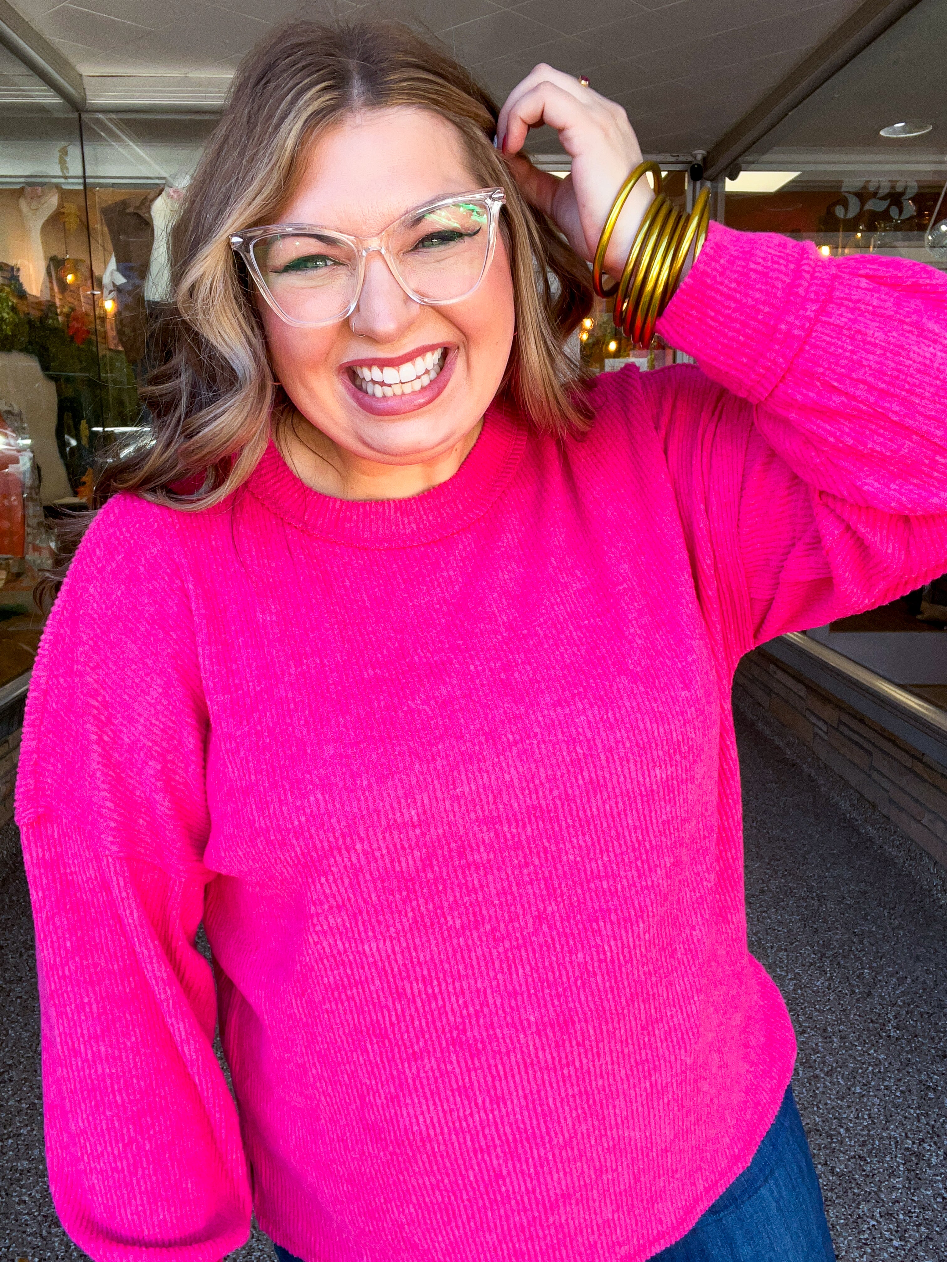Meadow Ridge Drop Shoulder Sweater in Hot Pink