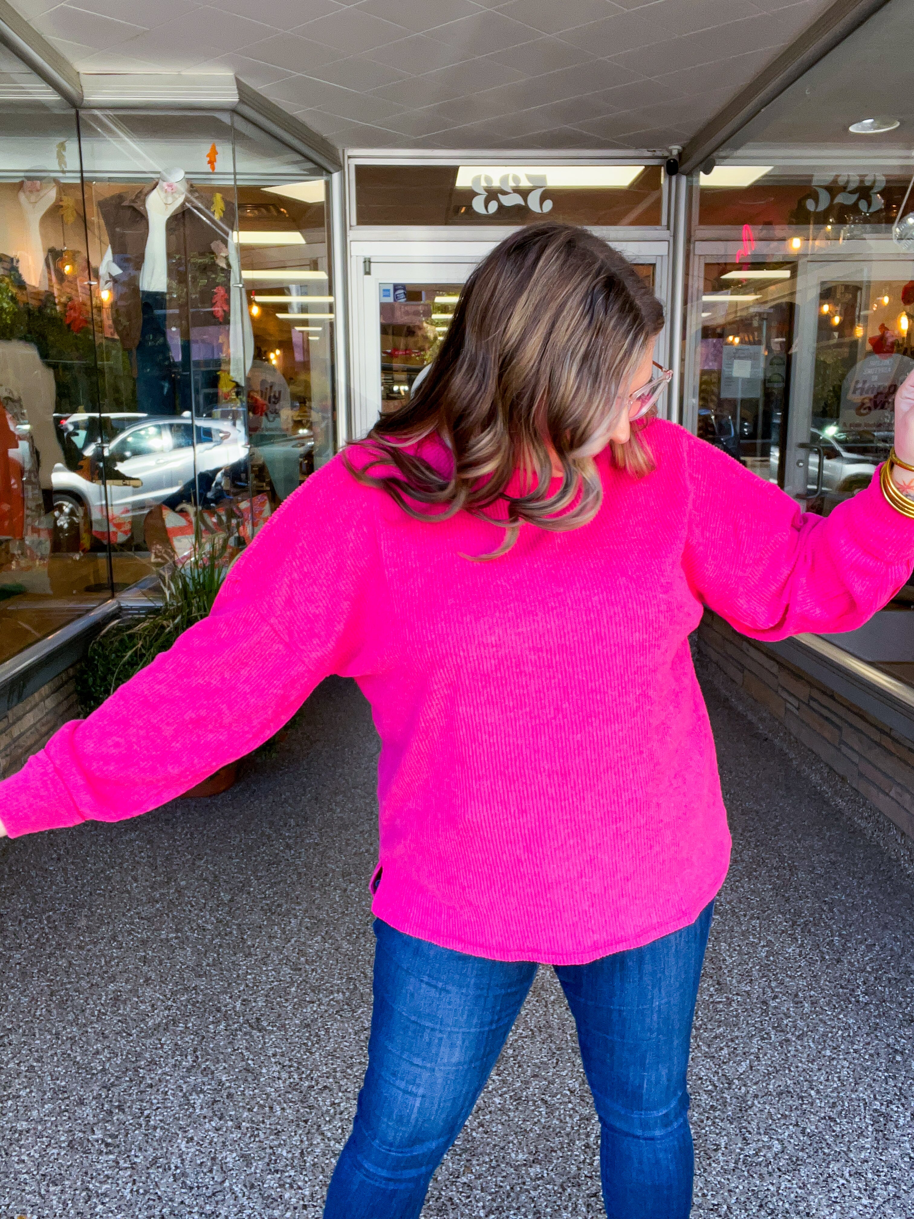 Meadow Ridge Drop Shoulder Sweater in Hot Pink