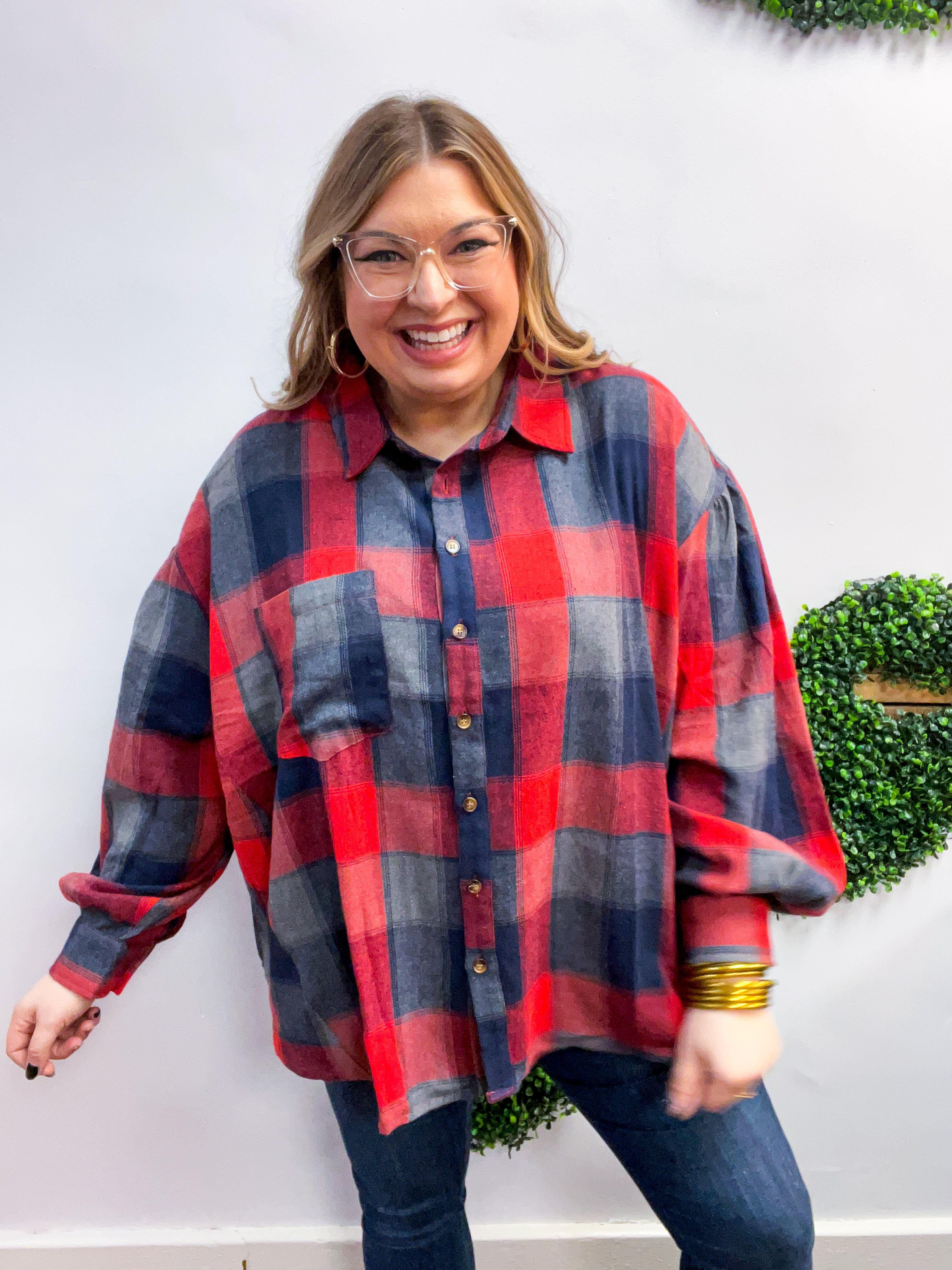 Checkmate Bubble Sleeve Flannel Top
