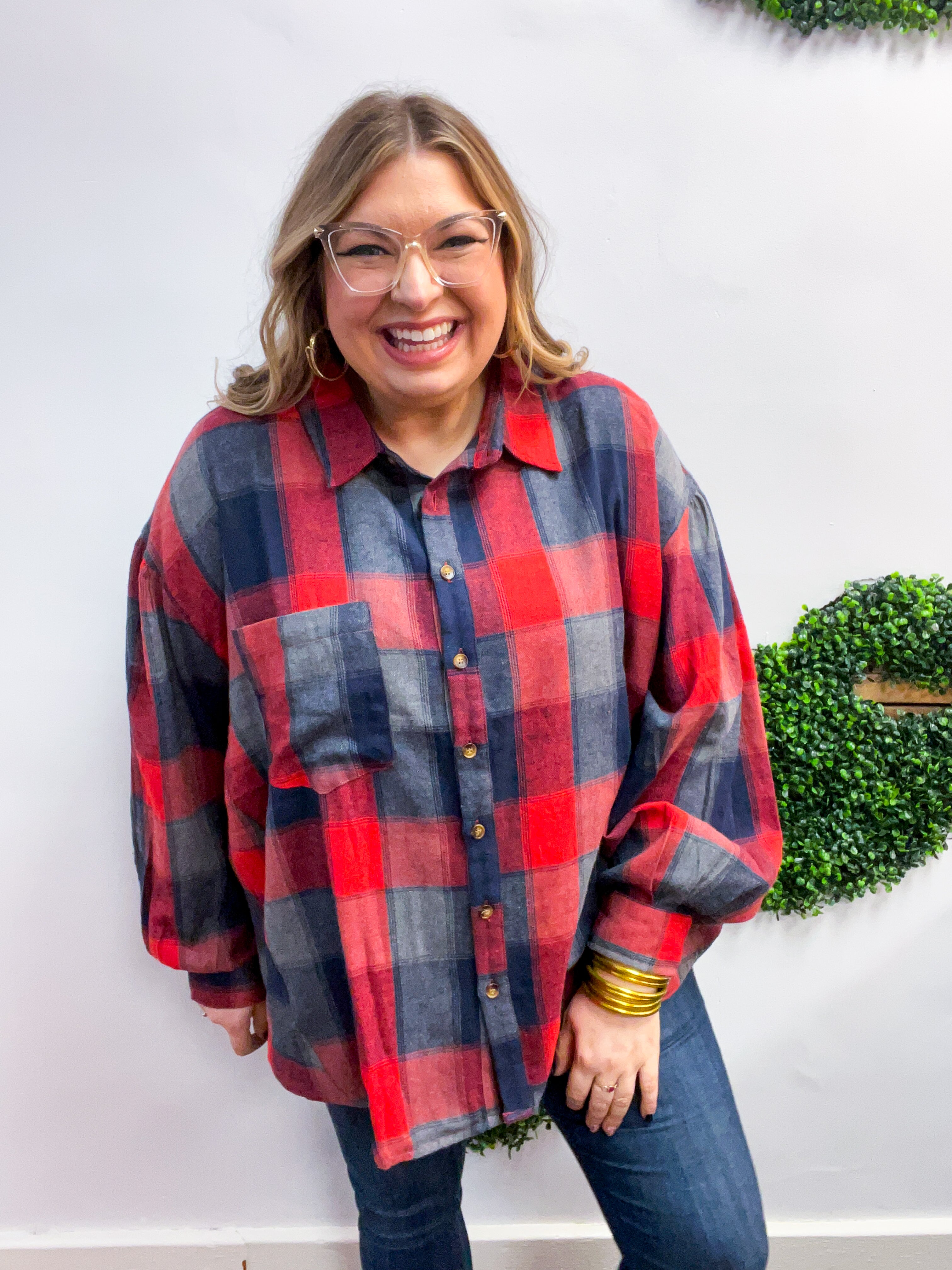 Checkmate Bubble Sleeve Flannel Top