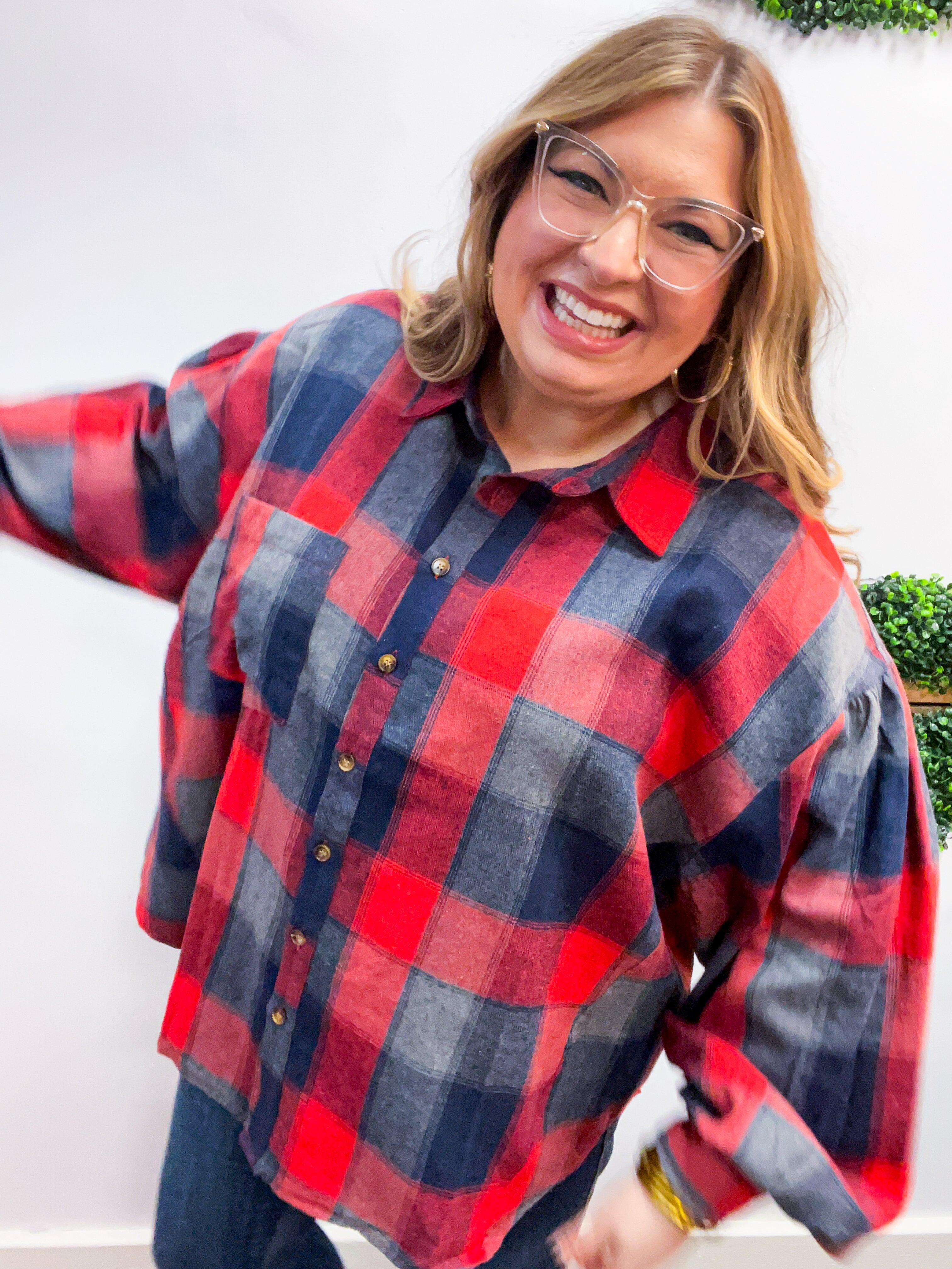 Checkmate Bubble Sleeve Flannel Top