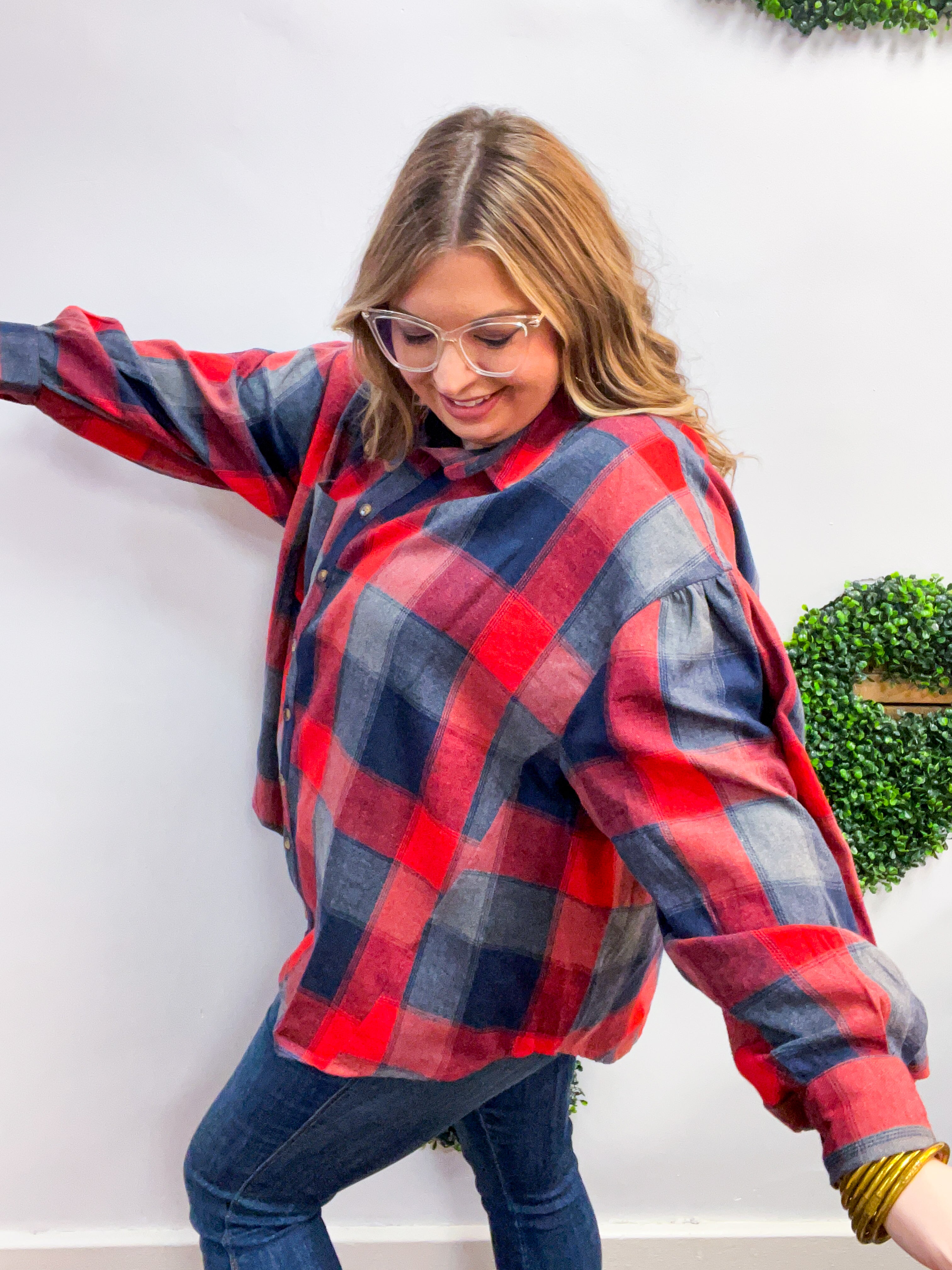 Checkmate Bubble Sleeve Flannel Top