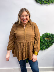 Buttoned Bliss Tiered Top in Cocoa Brown