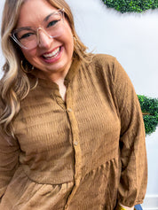 Buttoned Bliss Tiered Top in Cocoa Brown