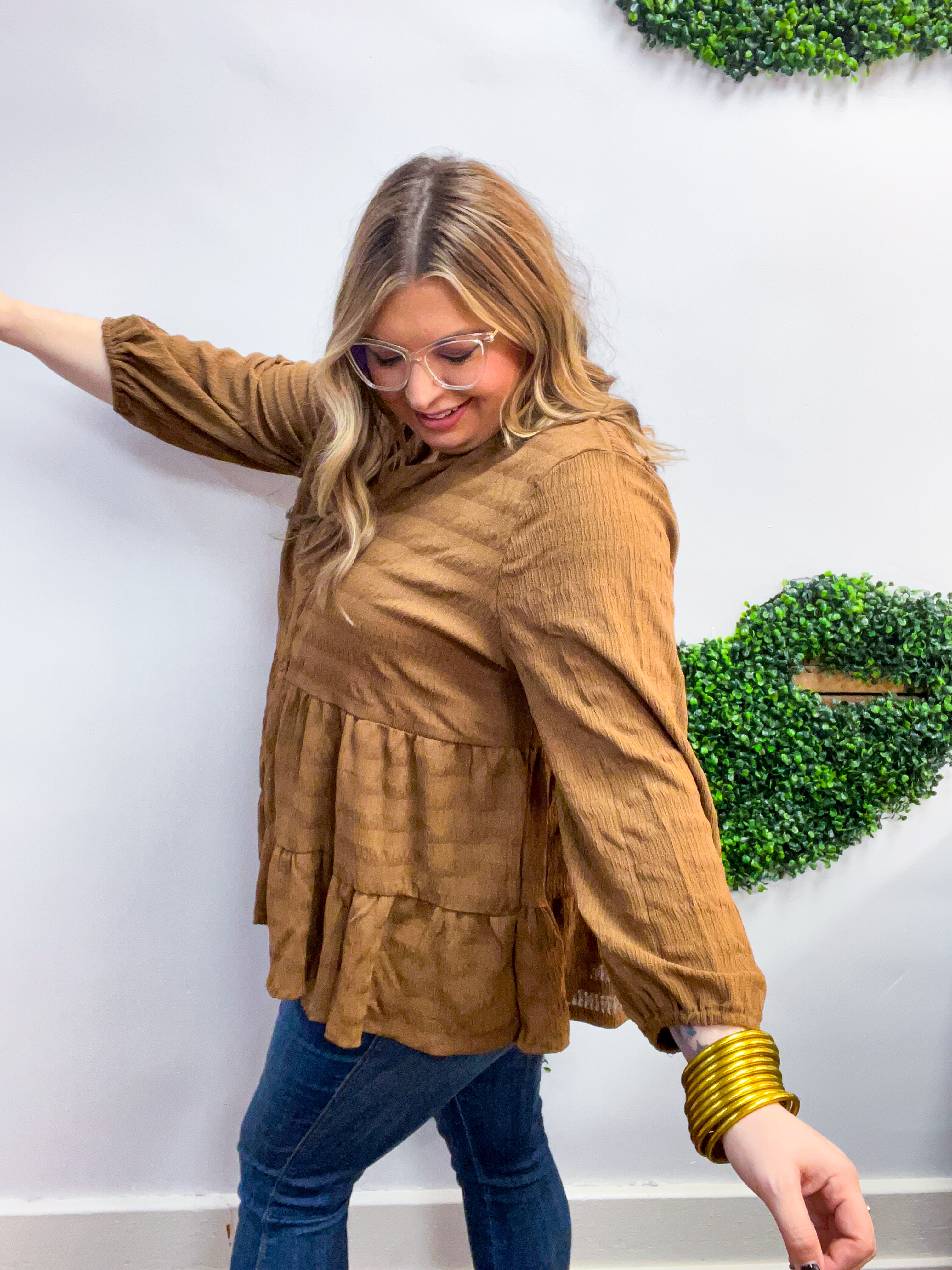 Buttoned Bliss Tiered Top in Cocoa Brown