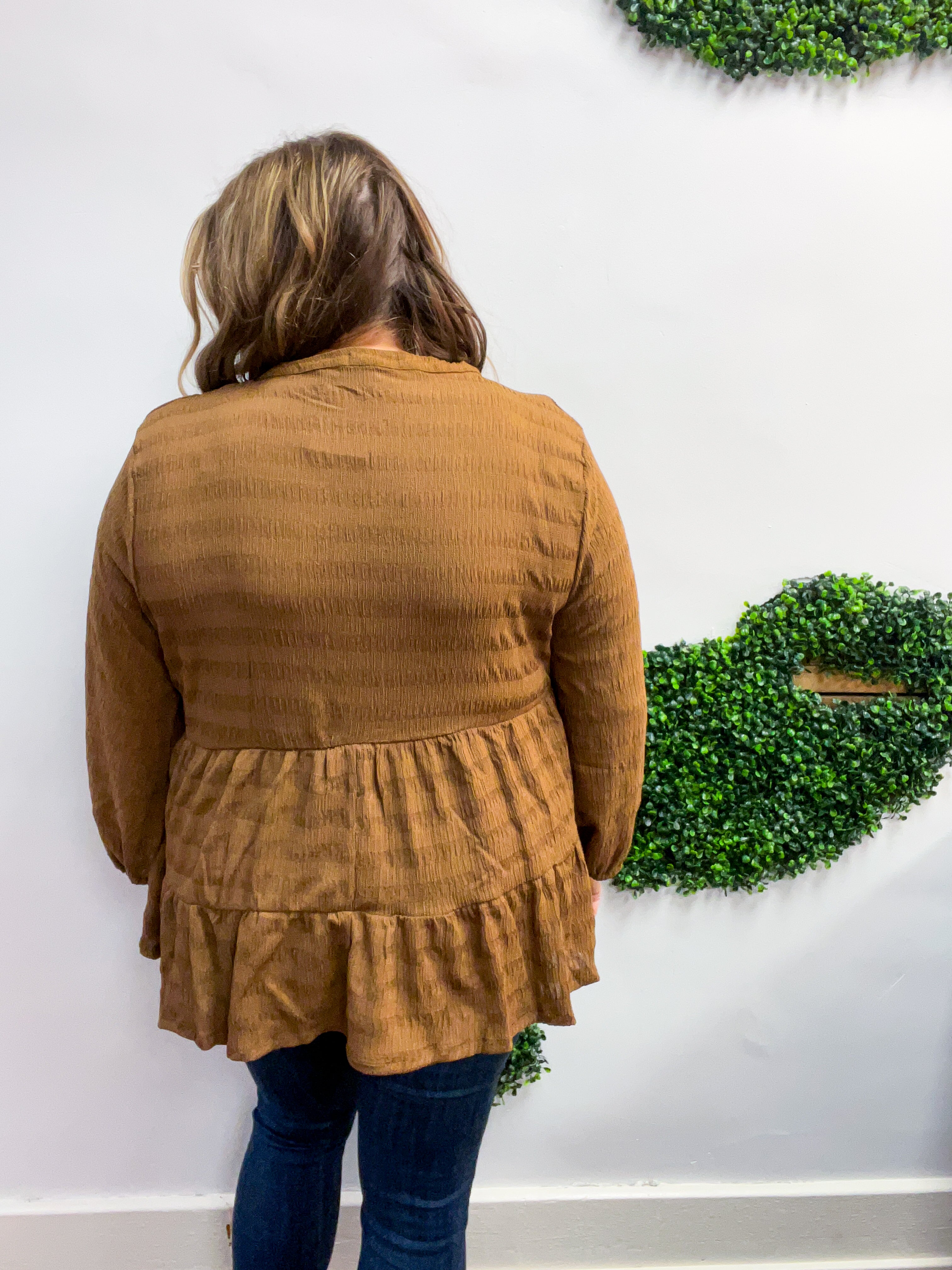 Buttoned Bliss Tiered Top in Cocoa Brown