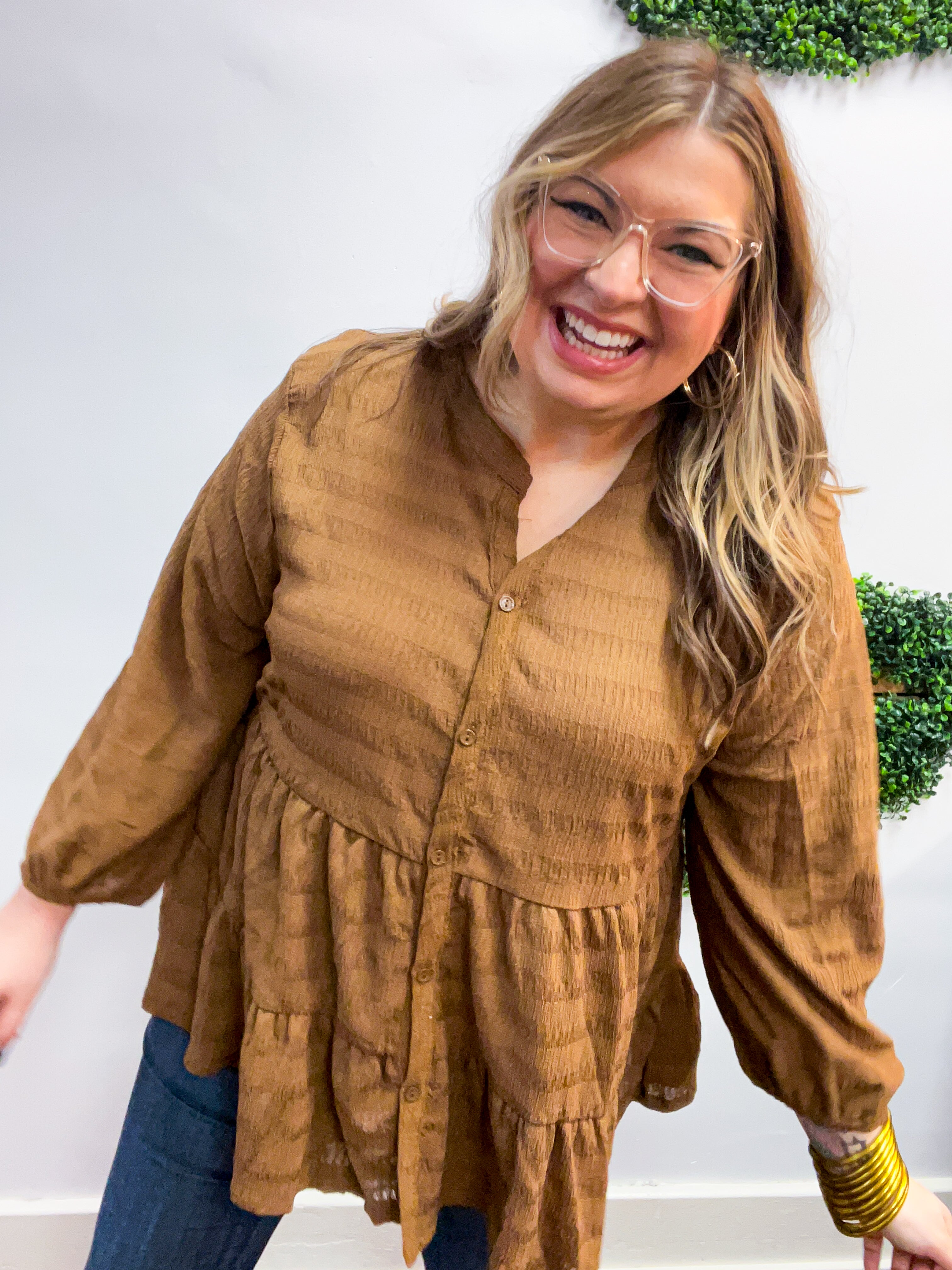 Buttoned Bliss Tiered Top in Cocoa Brown