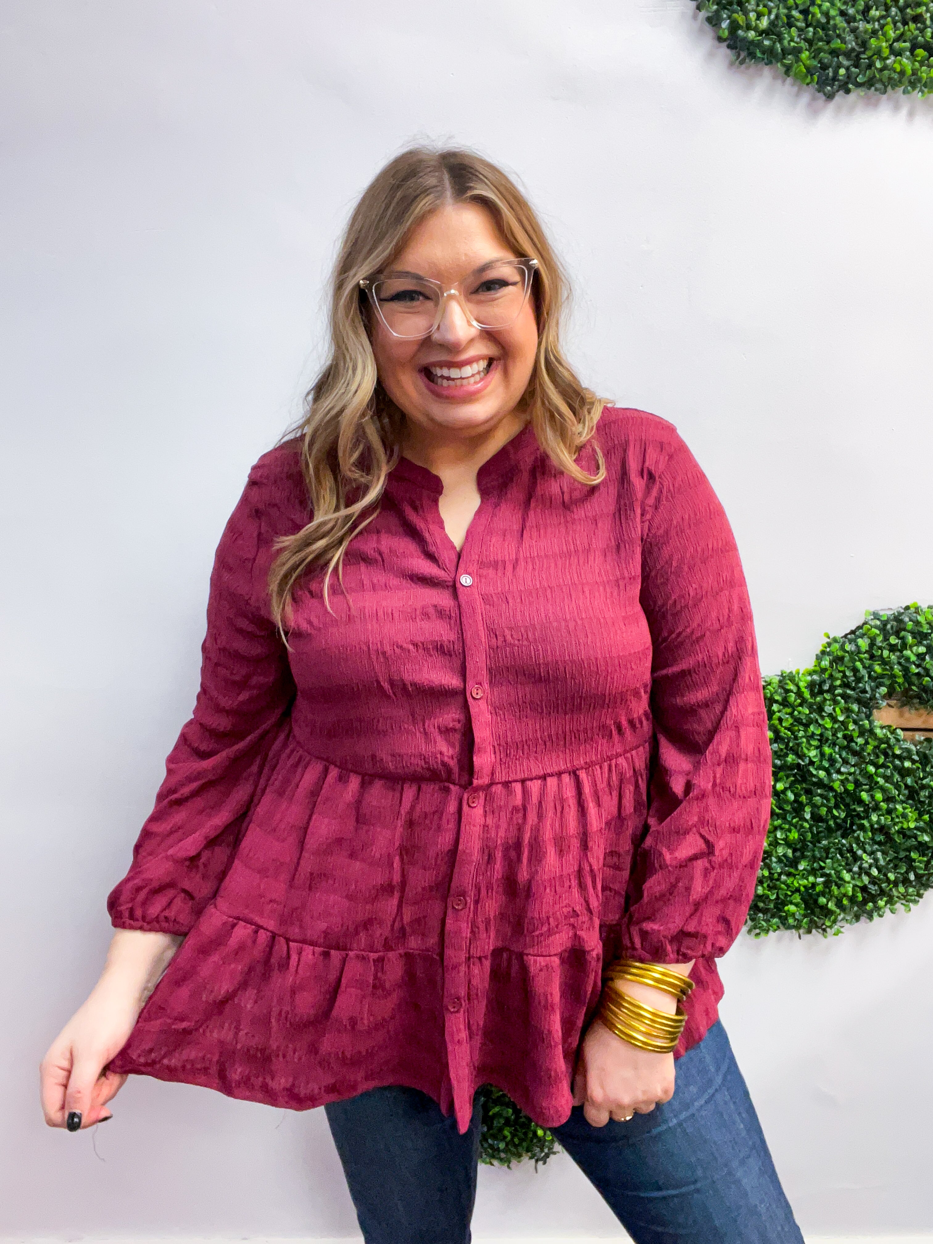 Buttoned Bliss Tiered Top in Red Wine